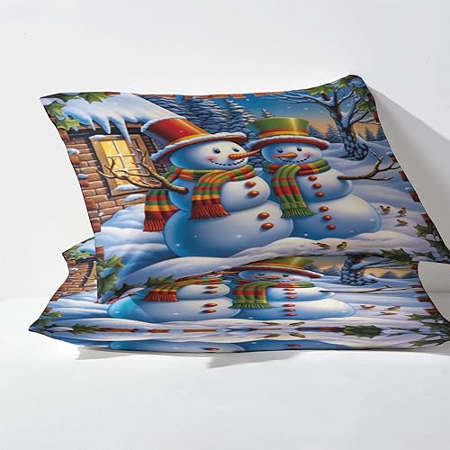 Miniatura 3 de H-8&-357 - Juego de sábanas de Navidad tamaño Queen, sábanas de muñeco de nieve, sábanas y fundas de almohada estampadas, 4 piezas, sábana bajera