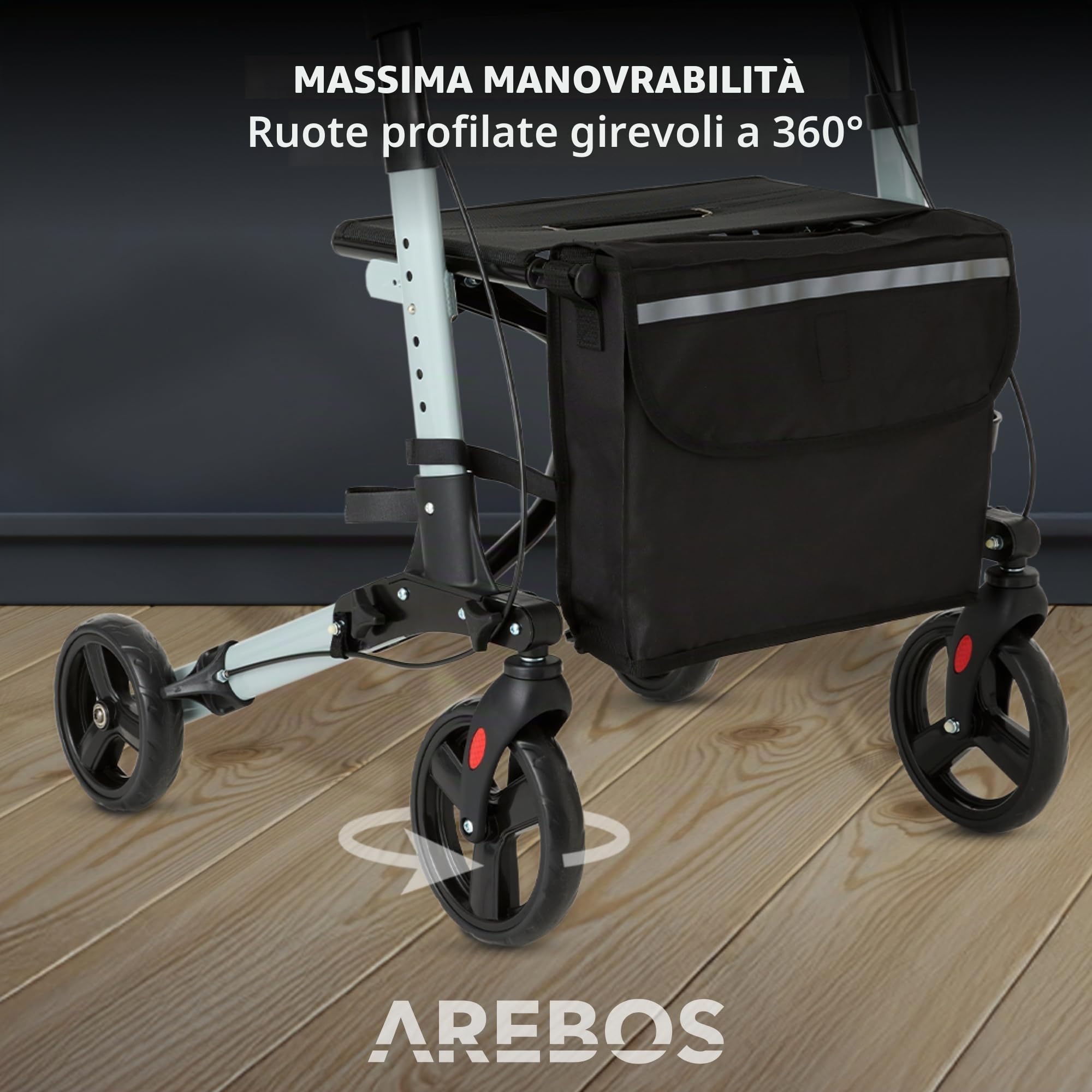 Arebos Deambulatore 4 Ruote | 136 kg | Pieghevole | Alluminio | Peso Leggero | con Borsa per la Spesa | Nero