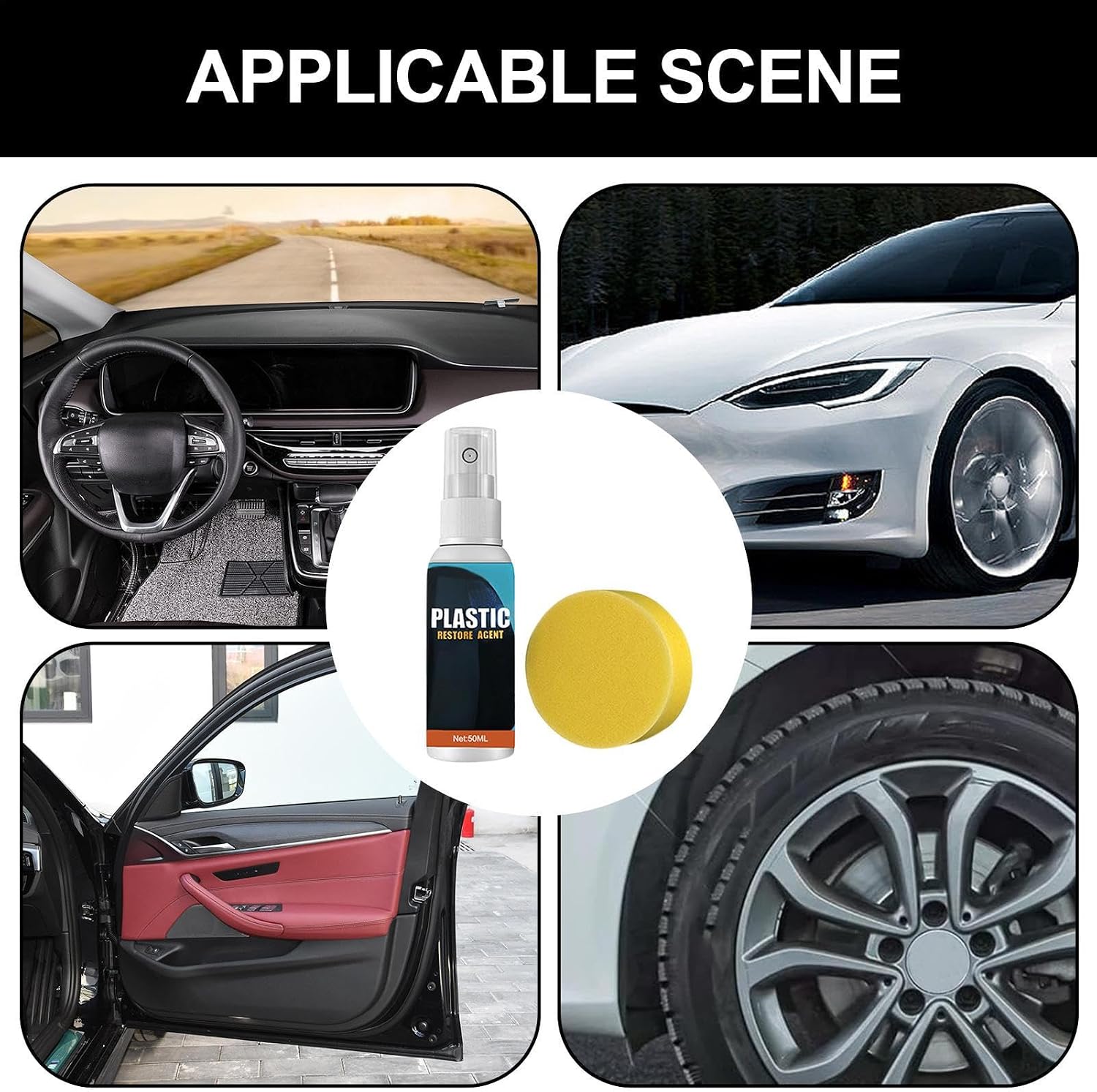 Car Rubber Renovation, 50ML Restorer Spray with Sponge, 3.3x12.3cm, for Dashboard, Door Seals, Tires, Rubber Trim, Automotive Interior Maintenance