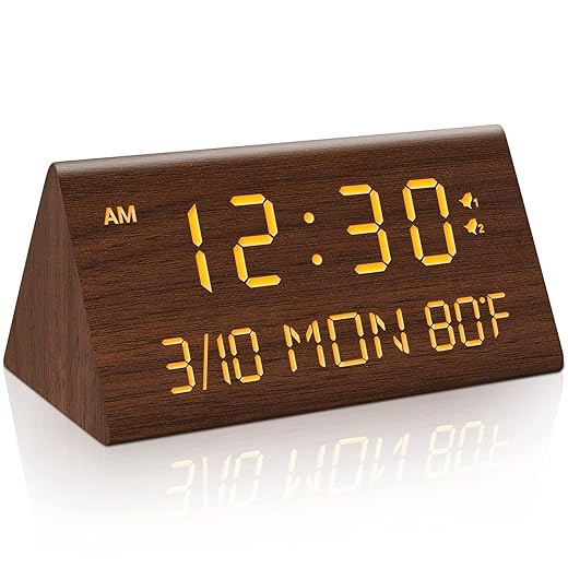 Kogonee Wooden Digital Alarm Clock, 0 100% Dimmer, 2 Alarm Settings, Weekday/Everyday Mode, 9 Mins