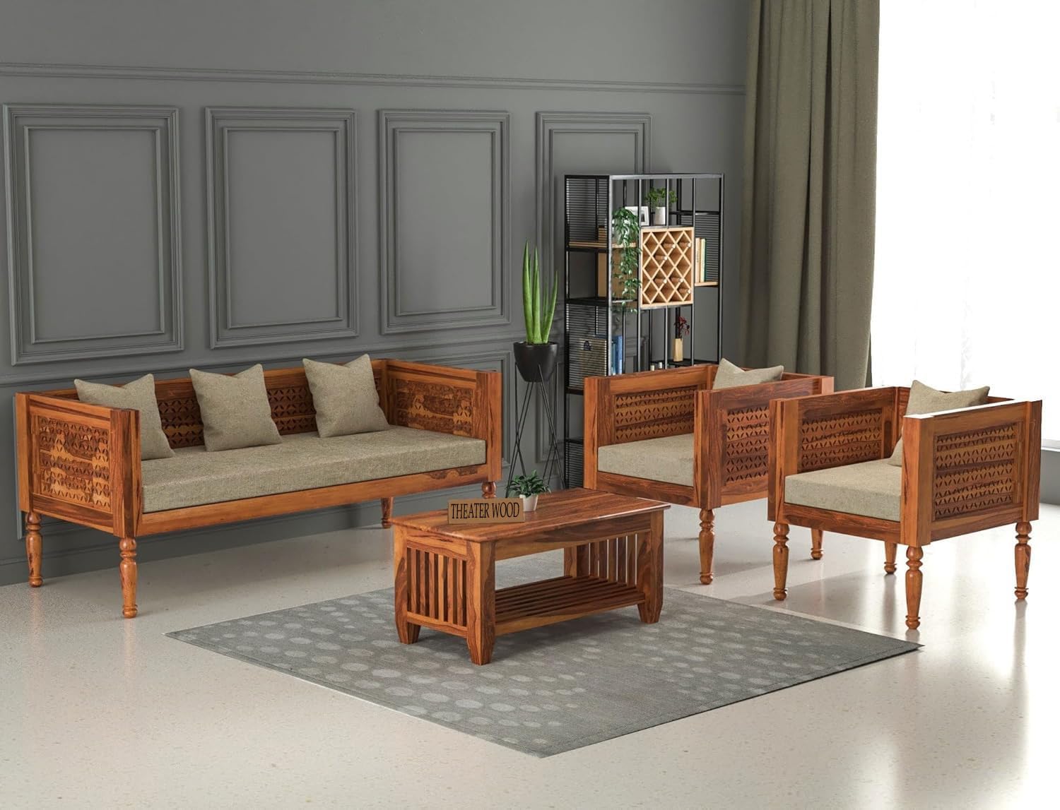 Sheesham Wooden 5 Seater Sofa Set for Living Room | Rosewood Cushion Sofa | Solid Wood Sofa Set for Lounge (Honey, 5 Seater)-image-23