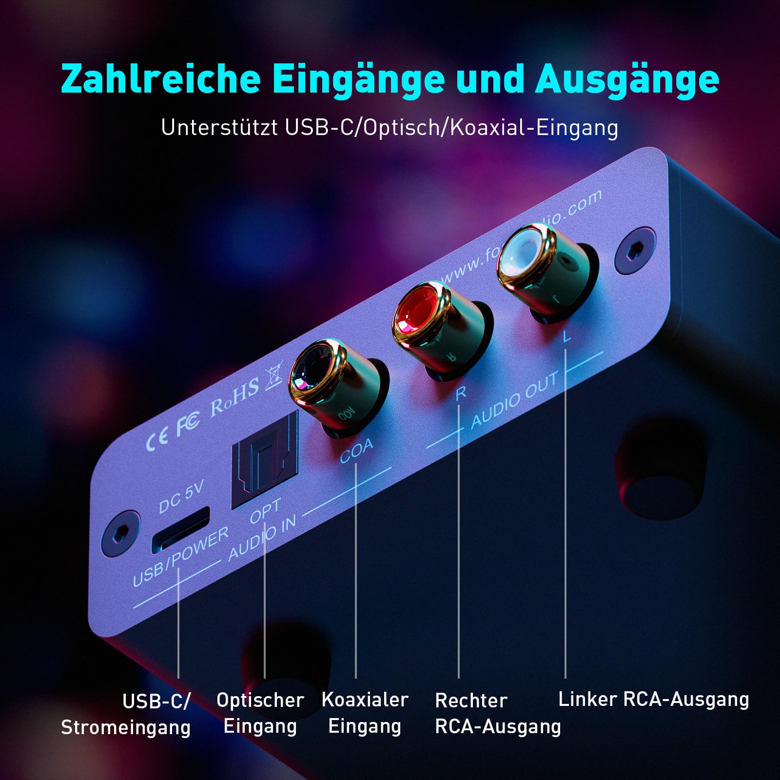 Fosi Audio K5 Pro Kopfhörerverstärker, USB C DAC Verstärker Kopfhörer HiFi, USB/Optisch/Koaxial/Mikrofon Eingänge auf 3,5 mm AUX/RCA Ausgang, Gaming DAC AMP Hi-Res für PS5/ PC/MAC/Aktive Lautsprecher