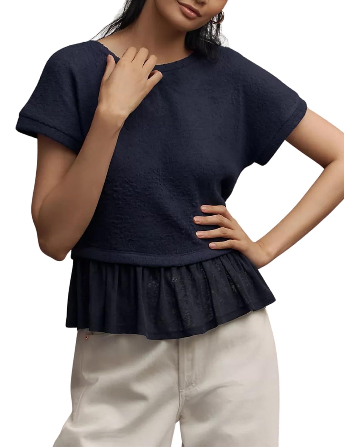 Yeokou Womens Short Sleeve Sweater Cute Round Neck Ruffled Pleated Hem Knit Pullover Summer Fall Shirt Tops