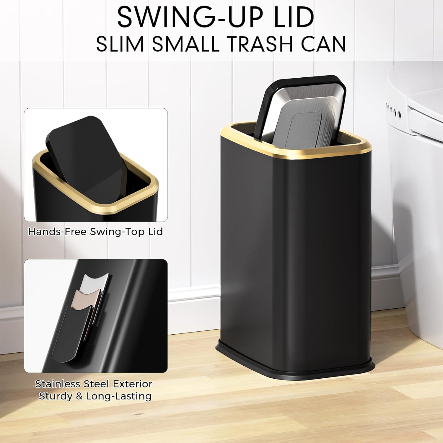 Bathroom Trash Can with Lid 8L/2.1 Gallon Black Trash Can Small Garbage Can with Swing Top Lid Slim Stainless Steel Garbage Can with 100 Counts Trash Bags for Bathroom Bedroom Kitchen Office Toilet