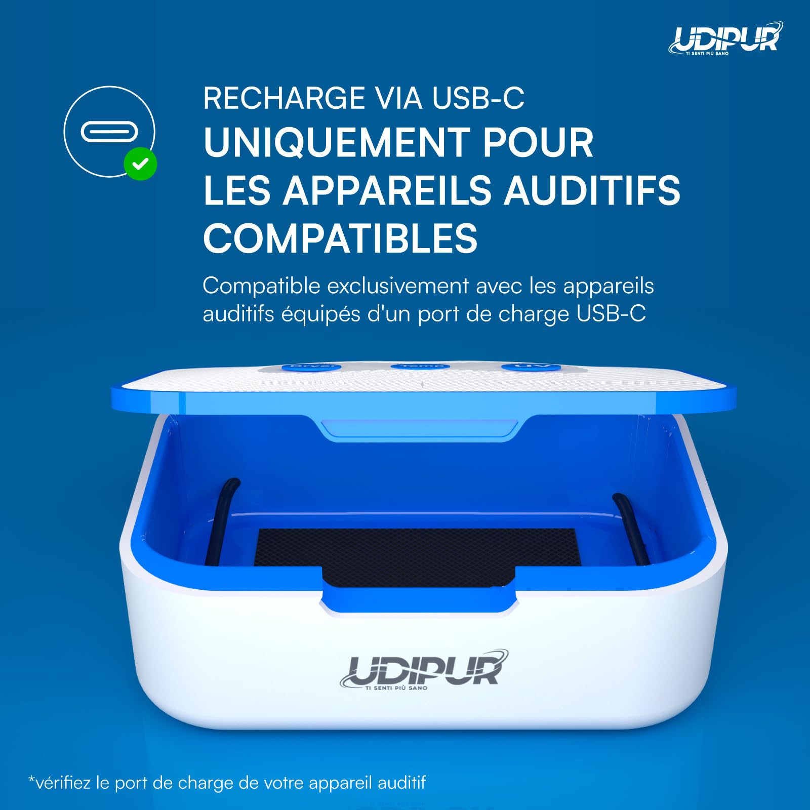 Station de séchage pour appareils auditifs Udipur Stérilisation UV