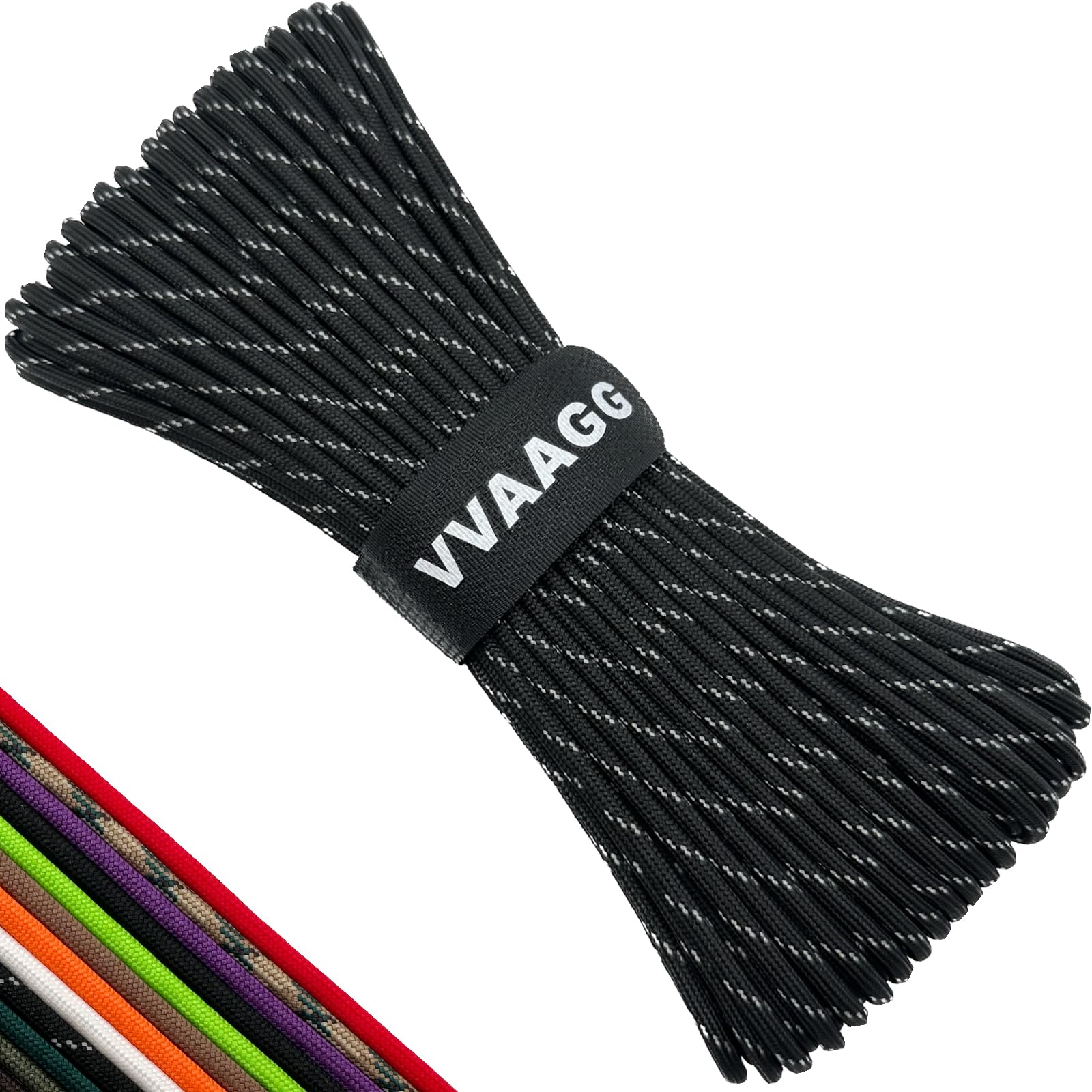 VVAAGG 550 Paracord 100FT 4mm Durable Camping Tent Rope, Marine Weatherproof Nylon Parachute Cord (Black with White)