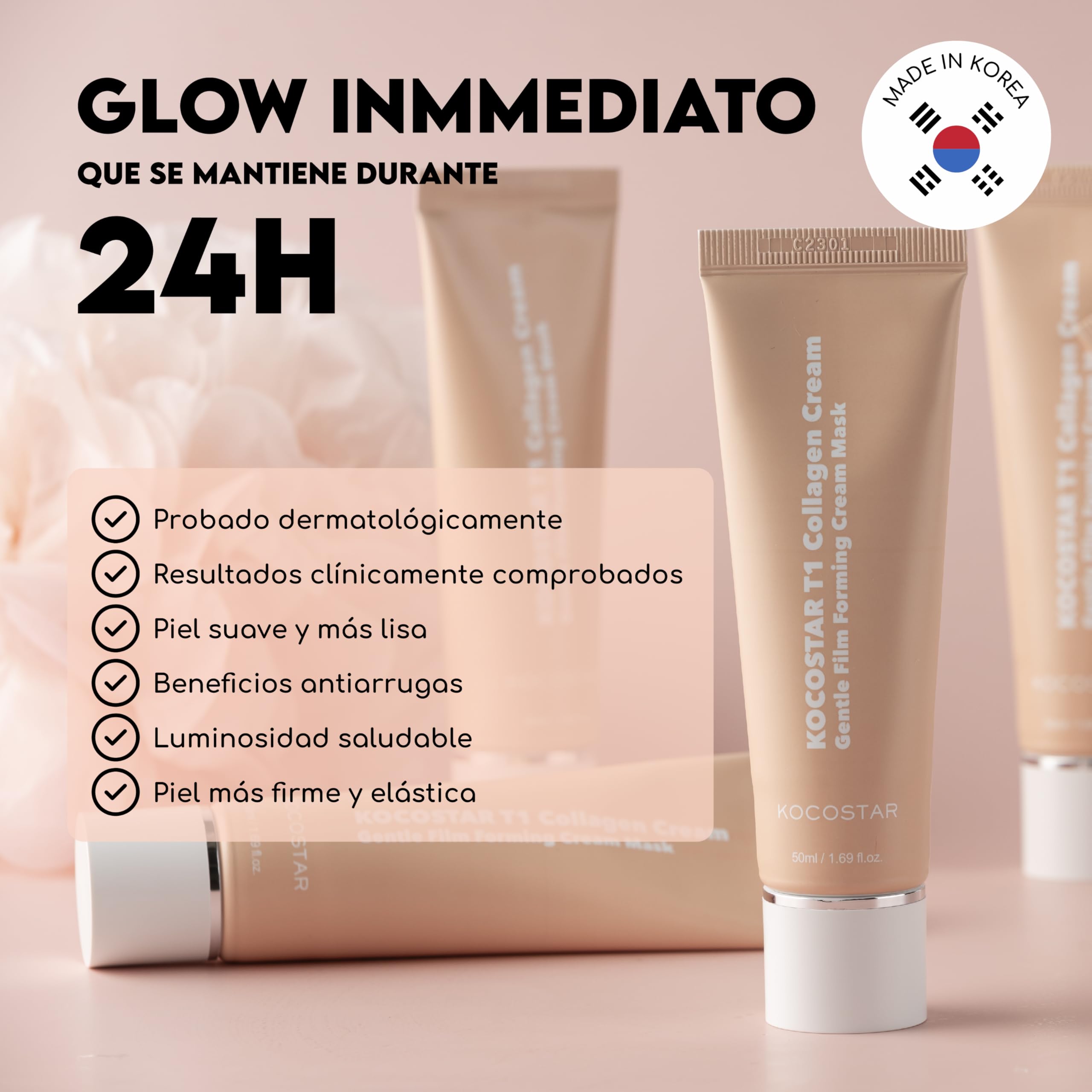 KOCOSTAR T1 Collagen Cream – Peel-off-Gesichtsmaske, die einen glatten Film bildet, 65% Typ-1-Kollagen, feuchtigkeitsspendend und straffend, 50 ml / 1,69 fl oz