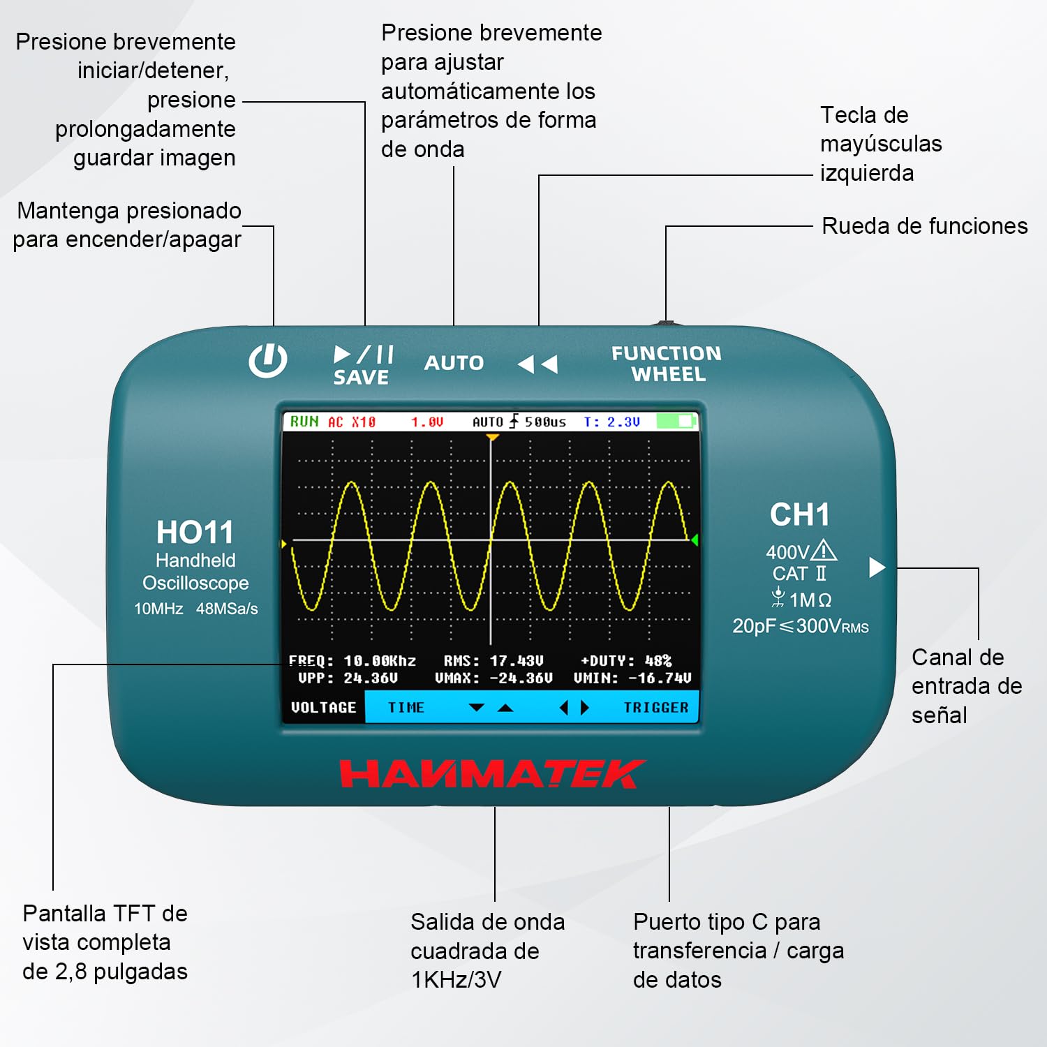 HANMATEK Osciloscopio Digital Portátil, Ancho de Banda de 10MHz, Muestreo de Alta Precisión de 48MSa/s, Pantalla TFT de 2,8", Recargable por USB, Sistema de Disparo Avanzado HO11