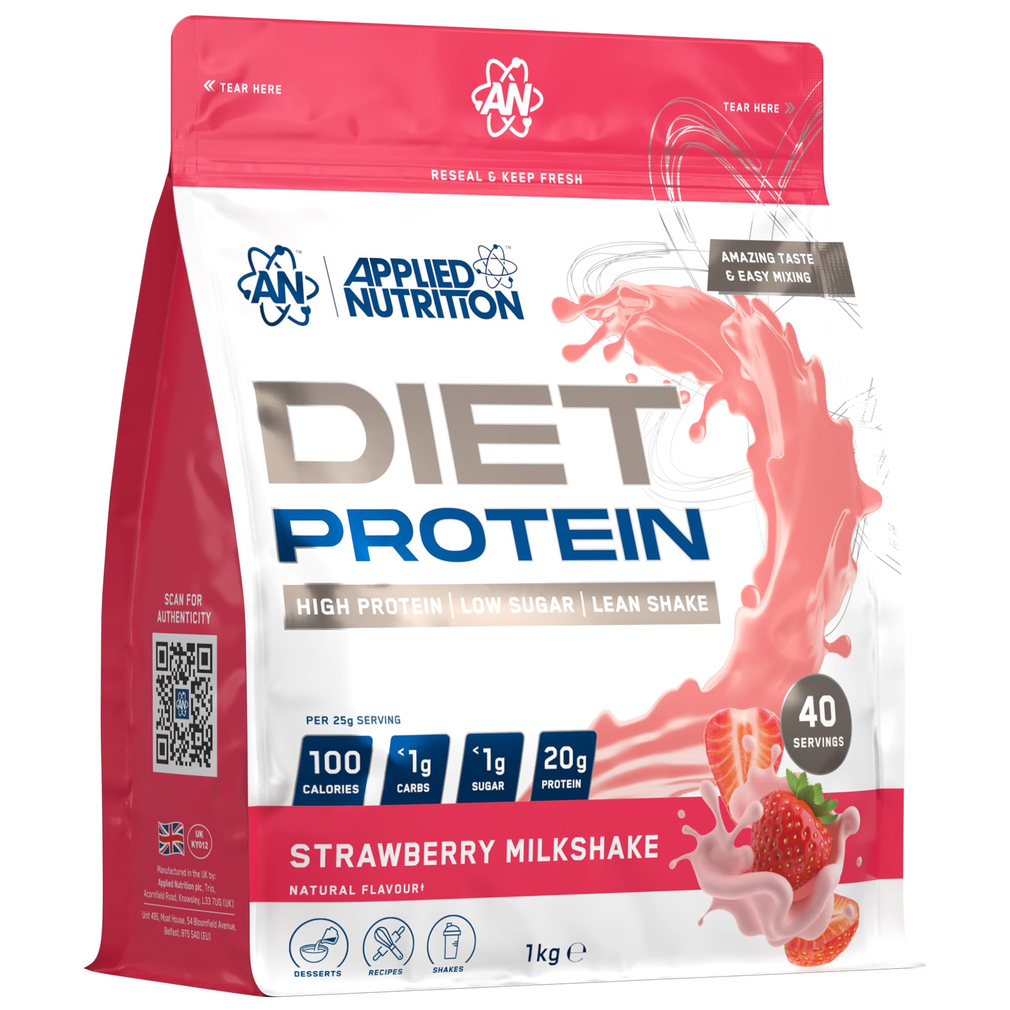 Applied Nutrition Diet Whey - High Protein Powder Supplement, Low Carb & Sugar, for Weight Management with CLA, L Carnitine, Green Tea (1kg - 40 Servings) (Strawberry Milkshake)