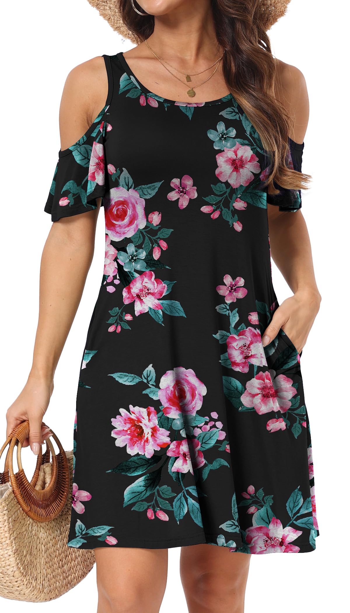 Short/Long Sleeve Women's Cold Shoulder Dress with Pockets Casual Swing T-Shirt Dresses