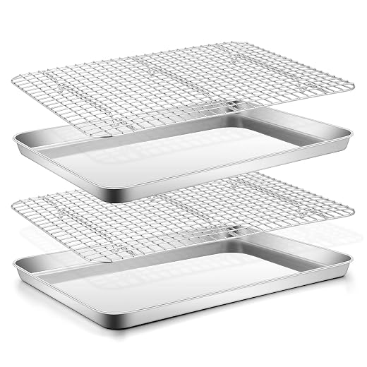 Stainless Steel Baking Sheet with Rack Set, E-far 16”x12” Cookie Sheet Pan for Oven, Rimmed Metal Tray with Wire Cooling Rack for Cooking Roasting Resting Bacon Meat Steak - Dishwasher Safe