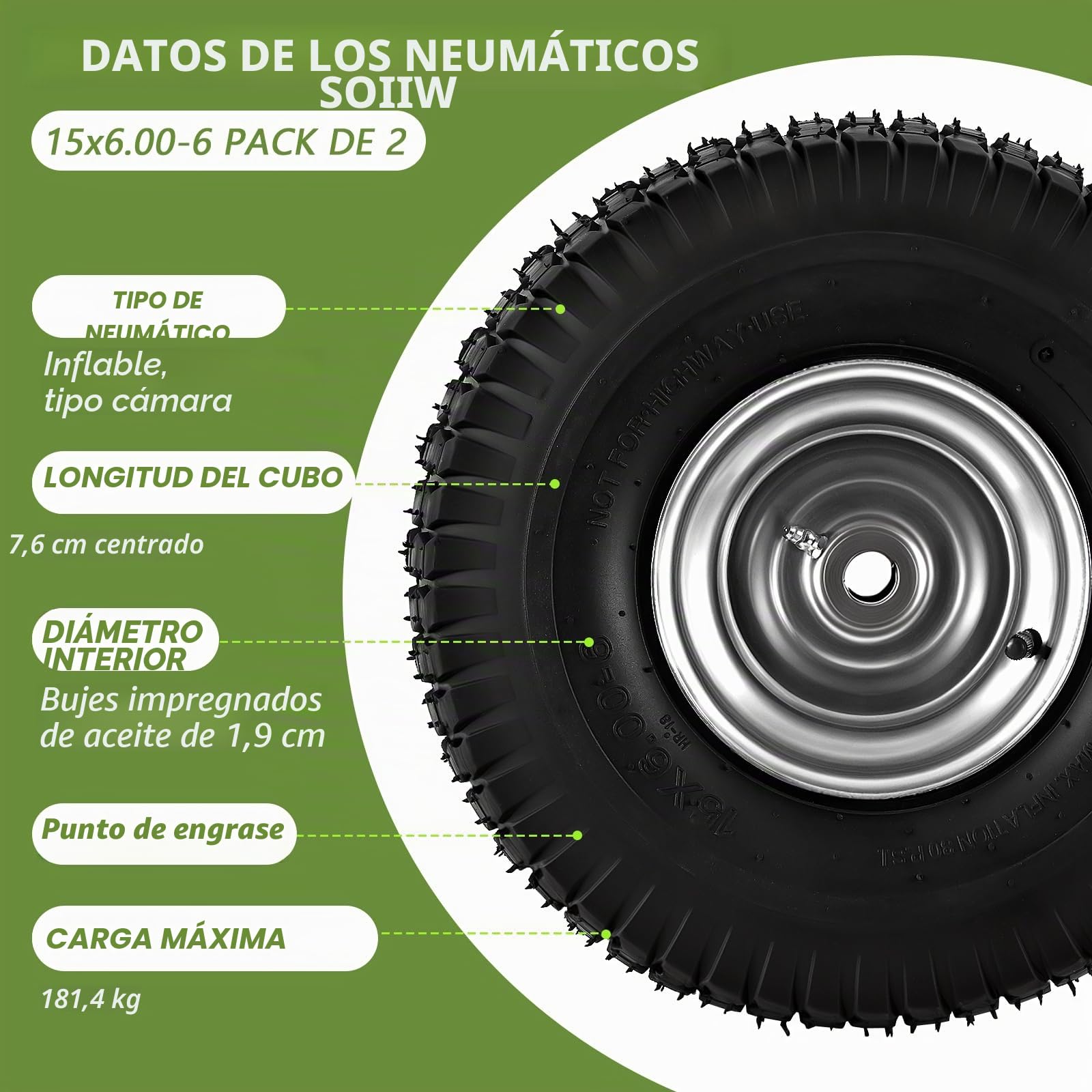2 Pack 15x6.00-6 Neumáticos y Rueda Neumáticos Delanteros para Cortacésped John Deere Craftsman Husqvarna 3 Pulgadas Orificio de Buje Centrado ID 3/4 Pulgadas Caucho Natural 4 Capas con Tubo