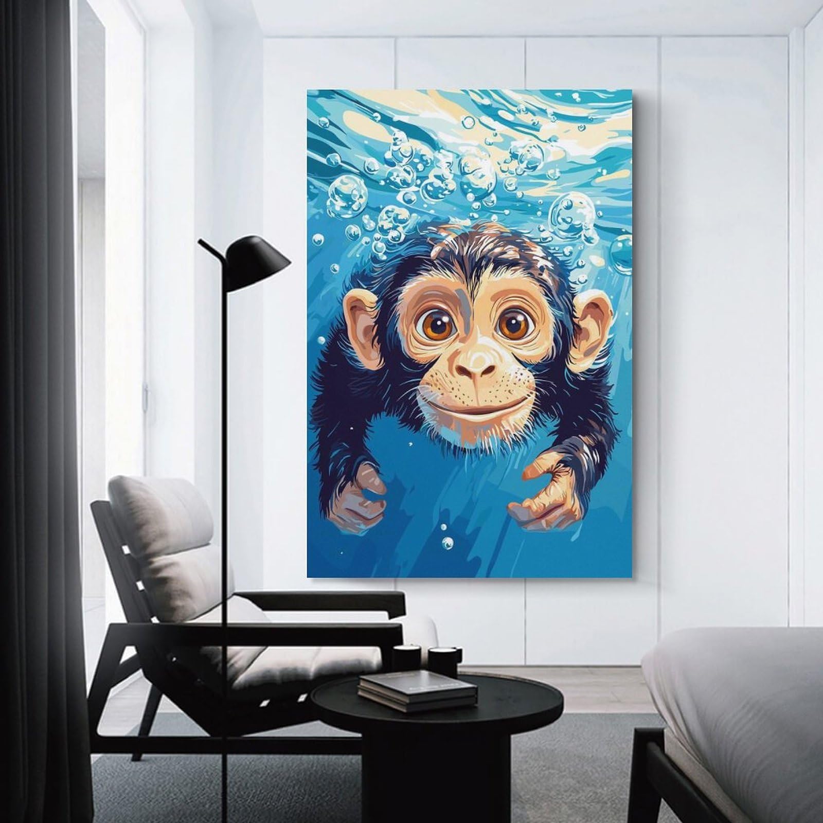 Junmoney Unframe-Style-22 Monkey Swimming Underwater With Bubbles Home Decor Wall Art 24X36inch(60X90cm), For Lounge, Study, Hallway Or Flat Walls, Stylish Home Artwork For Focal Walls