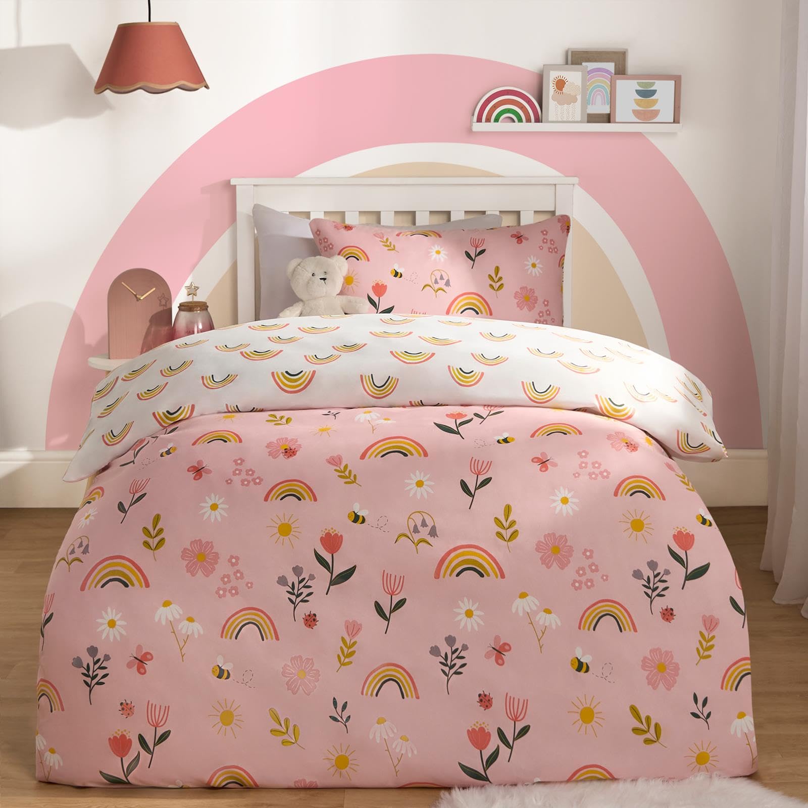 OHS Rainbow Single Duvet Cover with Pillowcase, Girls Single Duvet Cover Bedding Single Bed Childrens Duvet Covers Kids Bedding Sets for Girls - Pink