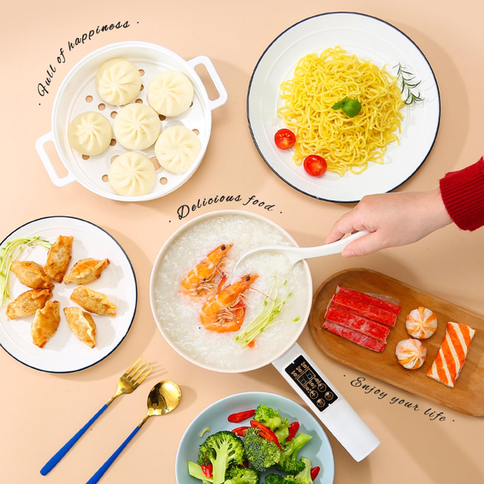 Olla eléctrica con vaporizador, olla caliente eléctrica de 1,6 L, mini multicocina antiadherente, mini sartén eléctrica, función de programación, cocina ramen rápida para el hogar, oficina o