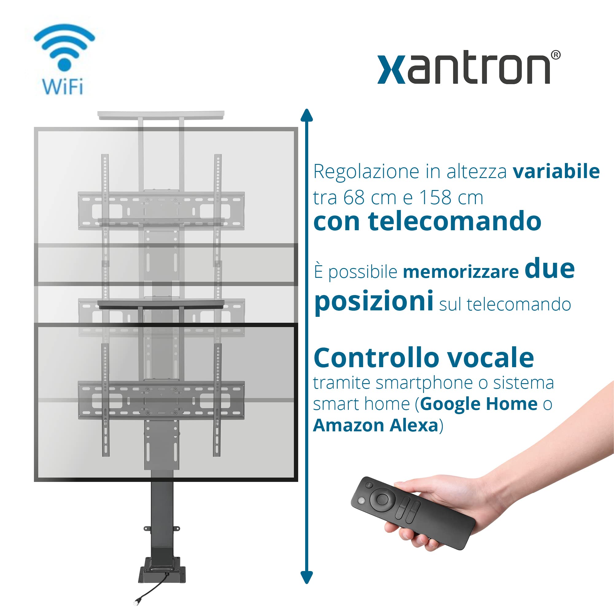 Xantron PREMIUM-600HE TV Lift elettrico con telecomando fino a 65 pollici/TV Lift per l'installazione di mobili/VESA 200 x 200 – 600 x 400 / compatibile con Amazon Alexa & Google Home