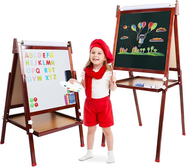 Dripex Kids Easel ,Childrens Bamboo Art Easel with Paper Roll ,Double-Sided Height Adjustable Magnetic Chalkboard Easel ,Kids Painting Blackboard with Other Accessories for Toddler