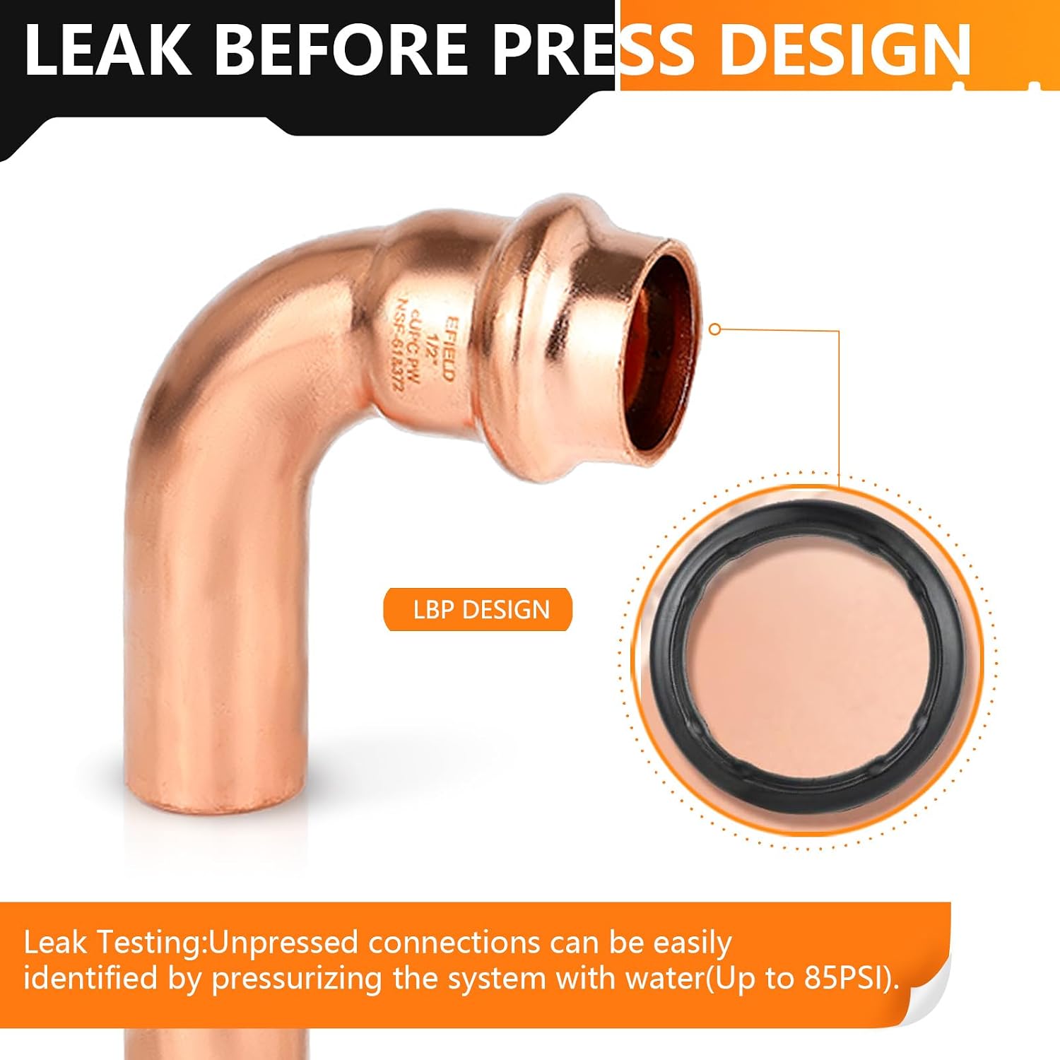 30-Pack HeSun Copper Press Street Elbow(90 Degree), 1/2" FTG x 1/2" Press Pressure Fittings, FTG x P for Copper Tube Connection(PRESS034-30)