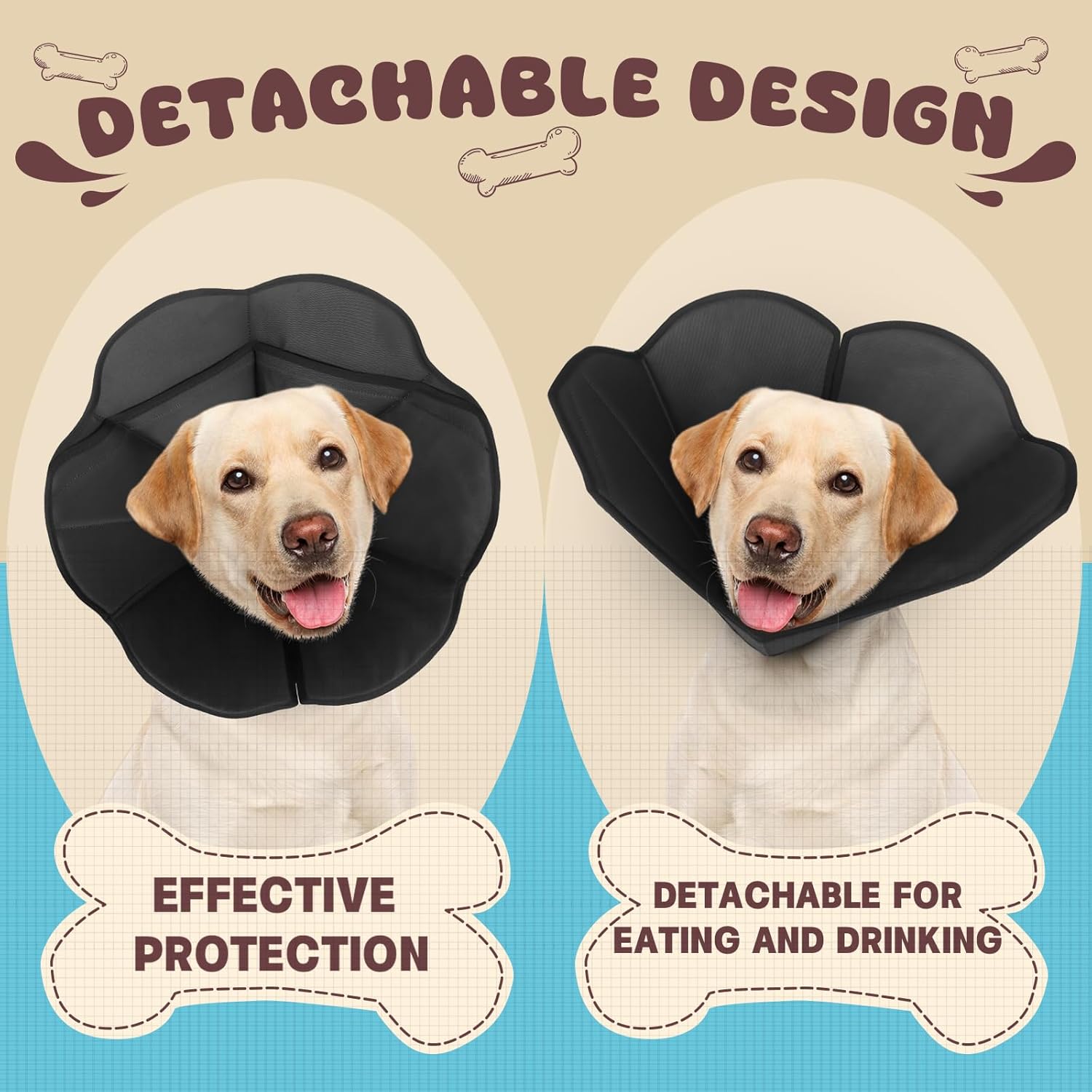 Dog Cone Collar Alternative, Partially Detachable Hard & Heavy Cone for Lab Golden GSD (Small&Medium Sized), Elizabethan Adjustable Protective Dog Neck Head Recovery Cone After Surgery Anti Licking Black L(Neck Girth:13.78"-17.9")