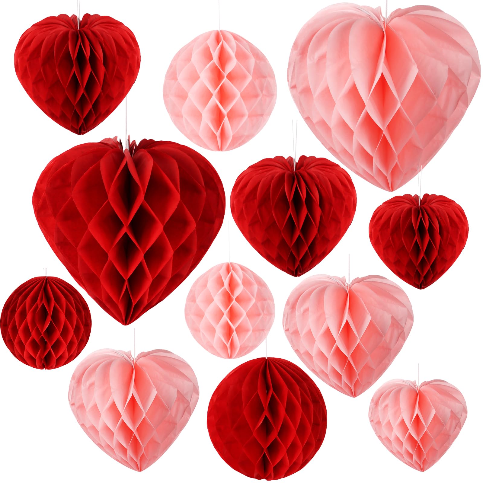 GEBETTER 12Pcs Decoracion Día San Valentín, 8* Corazones de Nido + 4* Bolas de Nido, Papel Panal Abeja Adornos Colgantes Amor Decoración Romántica Fiesta Aniversario Boda Cumpleaños (Rojo Rosa)
