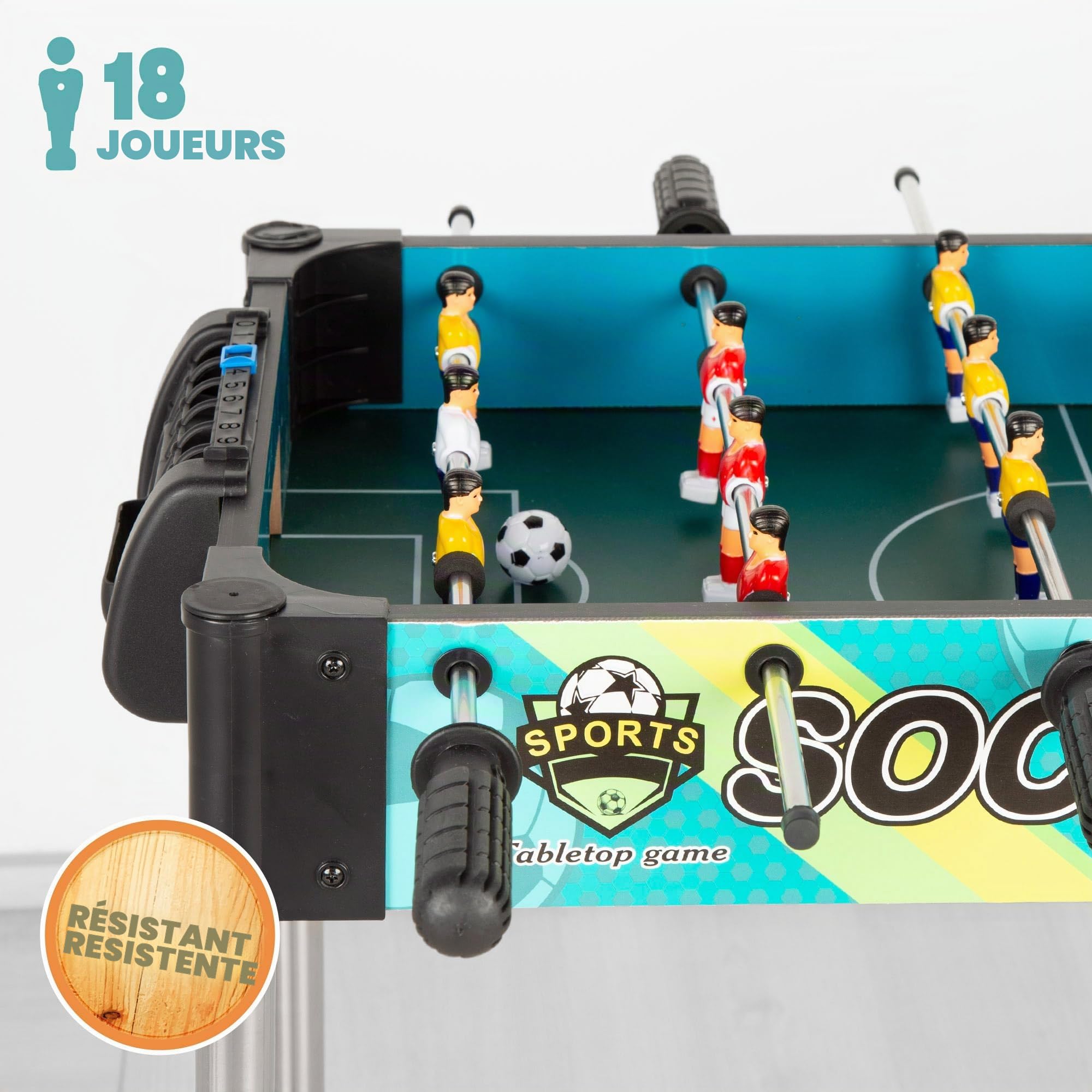 ColorBaby CB Games 39468 Baby-Foot en Plastique résistant, 18 Joueurs, avec marqueurs manuels, pour 2 Personnes, Baby-Foot pour Enfants