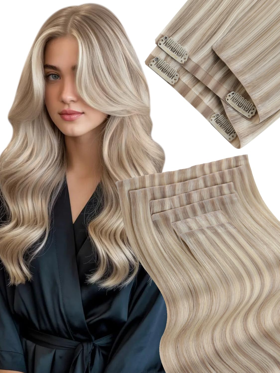 Fshine Clip Extensiones Humano 22 Pulgadas 55CM 120g Extensiones de Pelo Rubio Blanco Remy Hair Clip in Extensiones 7 Piezas Color 60 Extensiones de Cabello Natural Color 60 — view 39