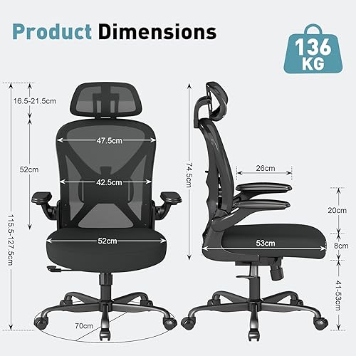 Miniatura 2 de ZZH Silla de oficina ergonómica con soporte lumbar ajustable y reposacabezas, silla de escritorio de malla para oficina en casa con ruedas y brazos