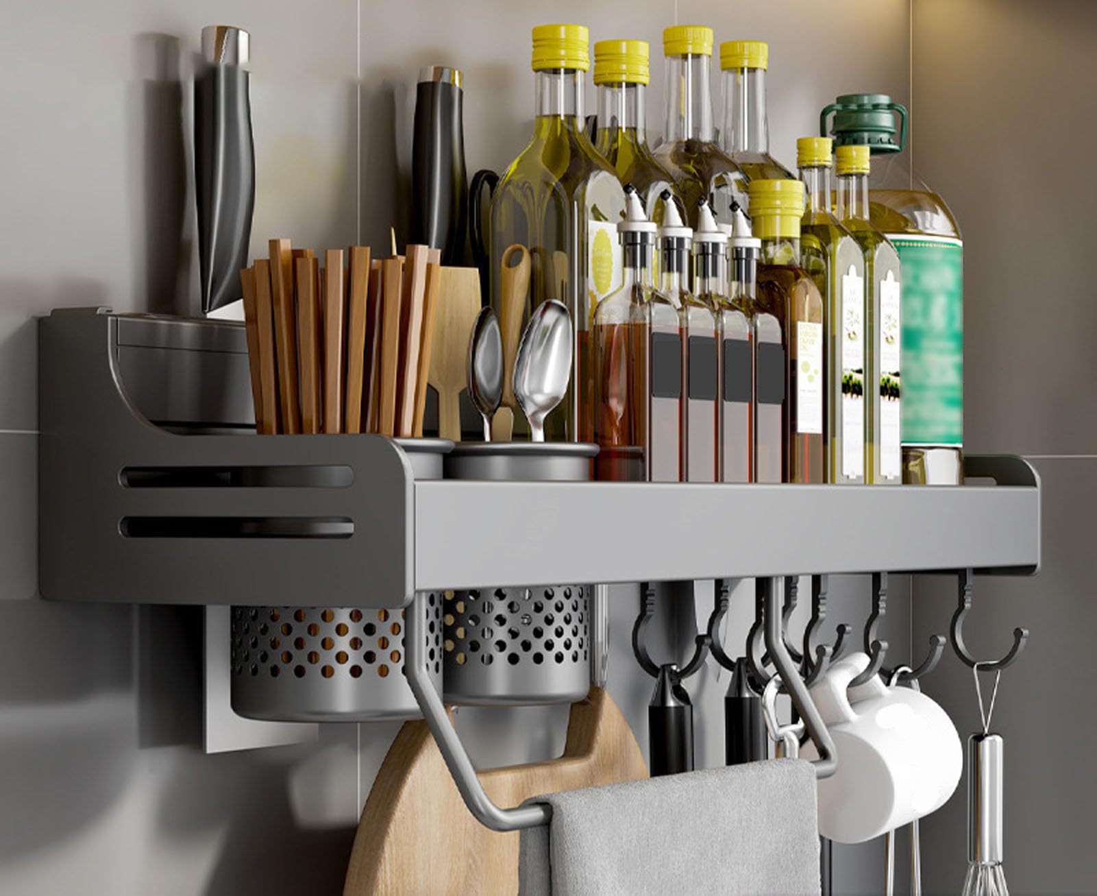 GLJTUO Wall-Mounted Spice Rack - Metal Hanging for Kitchen Spices, Seasoning Holder with Towel Holder, Knife Storage, Hooks & Utensil (Grigio 50Cm),Grigio-50Cm