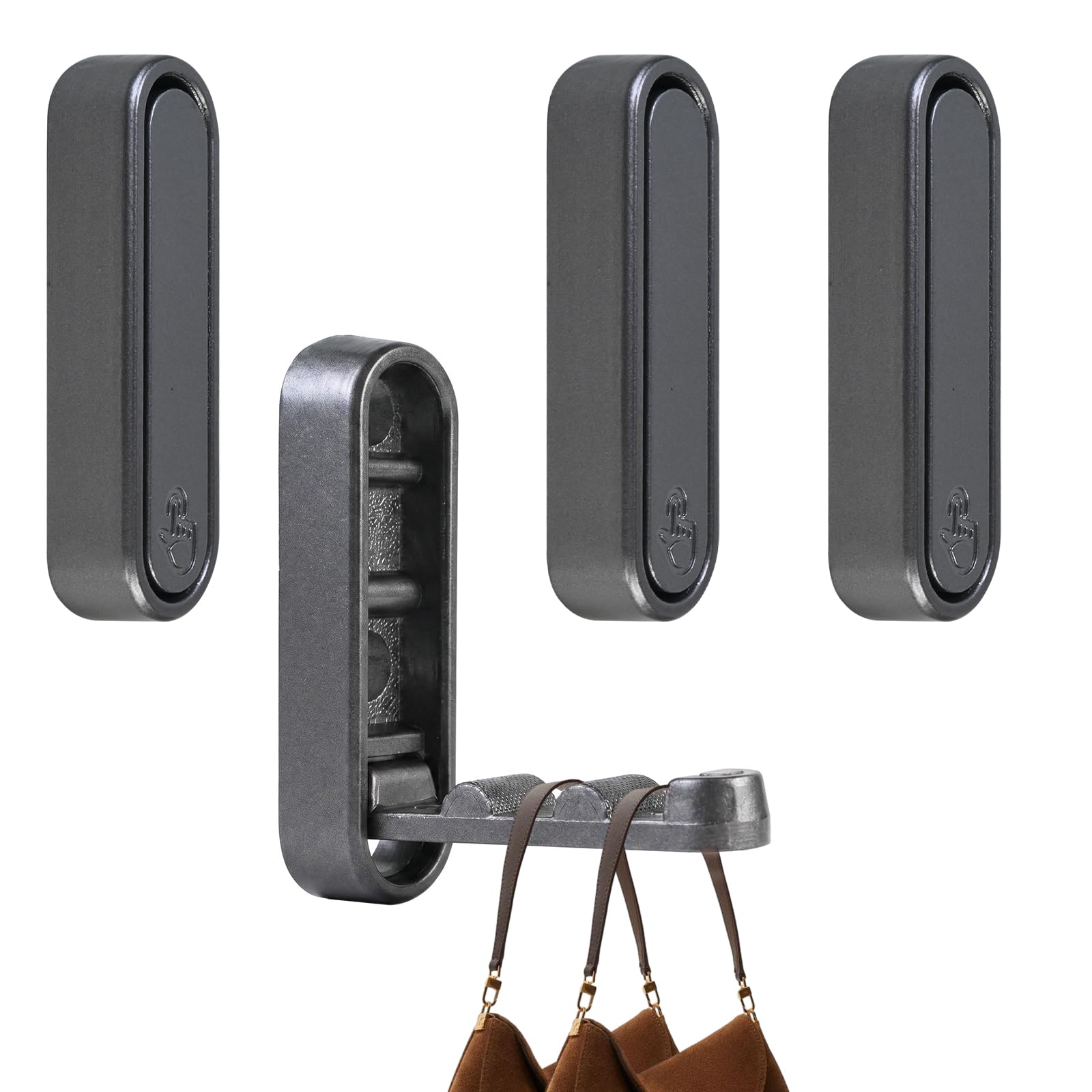 Solvio 4 Pack Foldable Wall Hooks for Hanging, Heavy Duty Dark Grey Folding Coat Hooks Wall Mounted, Zinc Alloy Flip Down Hooks for Bathroom Kitchen, Space Saving Hooks for Coats, Bags, Towels, Keys