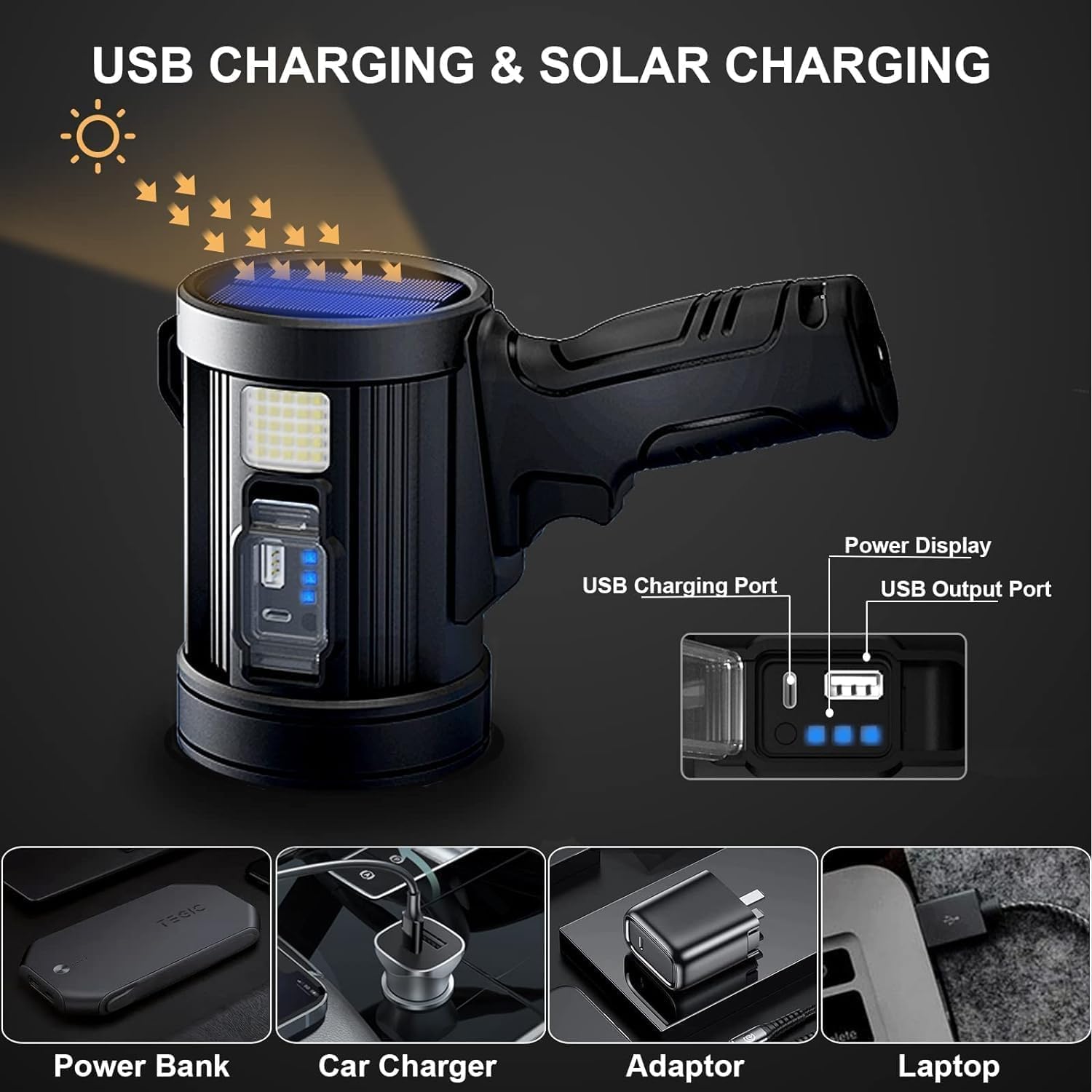 MAPPLE CREATION Aluminum Alloy High Lumen LED Flashlight, Solar Flashlight Carry Rechargeable LED Work Search Light for Camping, Fishing, Hiking Or Emergency Tip Light Portable Flashlight 3