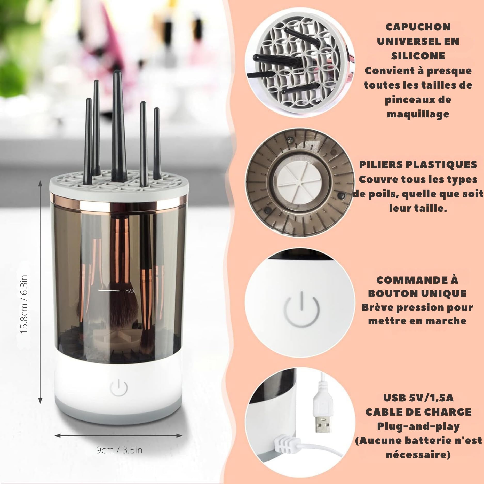 Nettoyeur Électrique de Pinceaux de Maquillage: Rapide, Automatique et Portable, Adapté à Tous Types de Pinceaux, avec Technologie de Nettoyage en Profondeur - Idéal pour les Maquilleurs