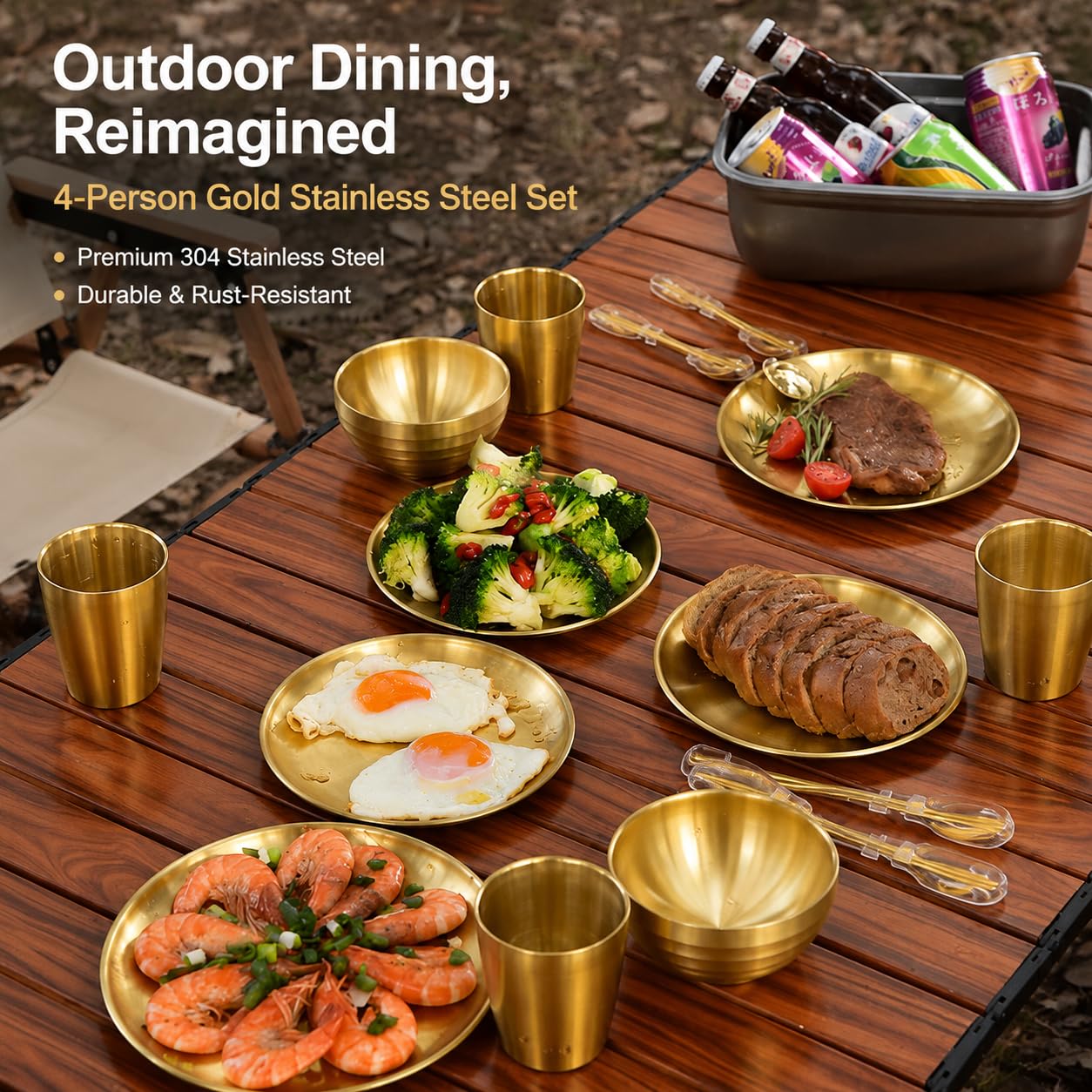 Gold Göffel Edelstahl, Reise Göffel für Camping, Kompakt Camping Set, Outdoor mit Tasche, 4-Personen-Set, Gold