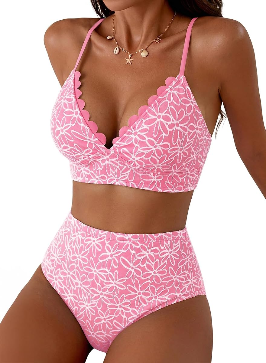 Herseas Womens Embroidered Floral Bikini Sets Scalloped V Neck Swimsuit