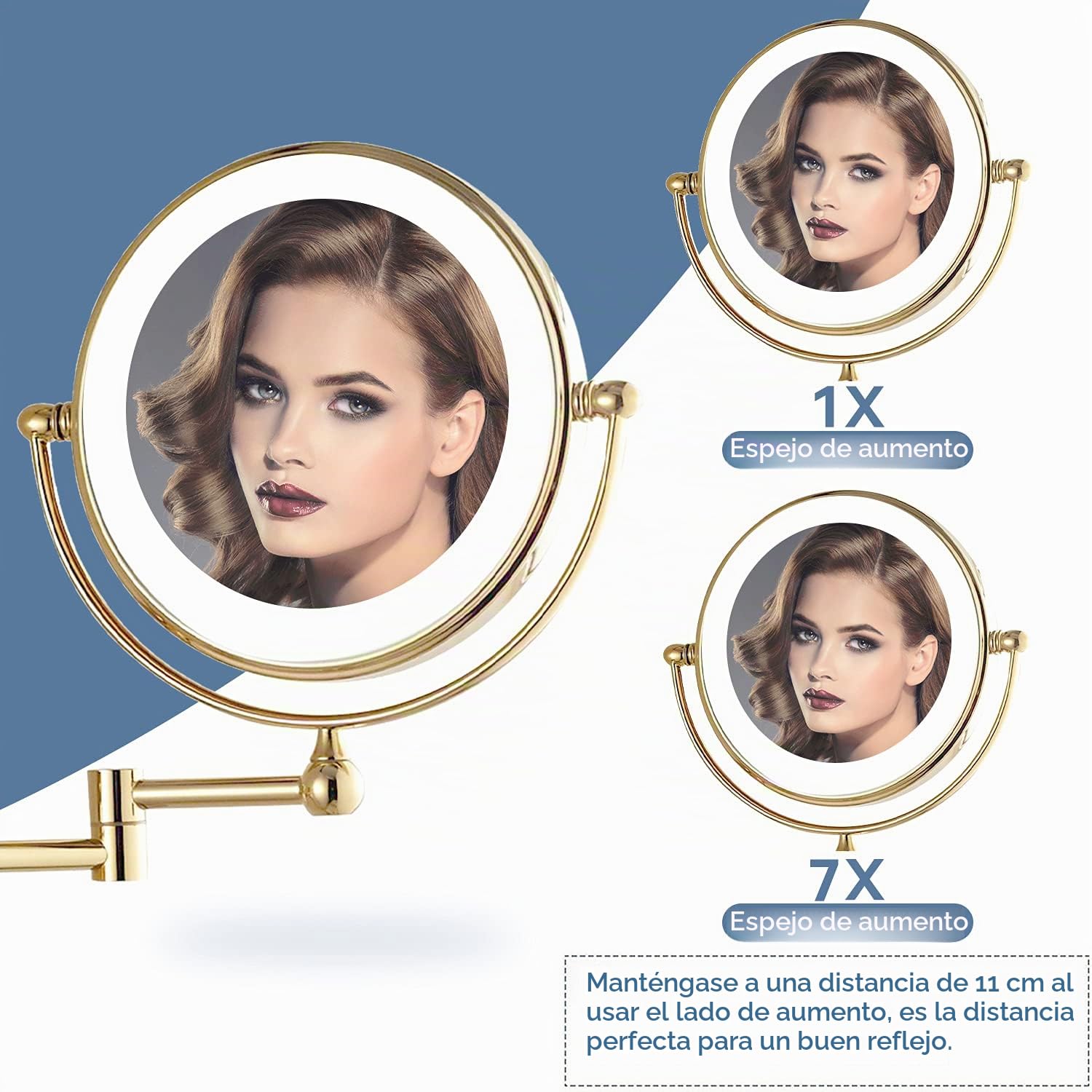 DowryEspejo cosmético con iluminación para pared, dorado con aumento 1X/7X, giratorio 360°, aumento ampliado con luz para baño, hotel, spa