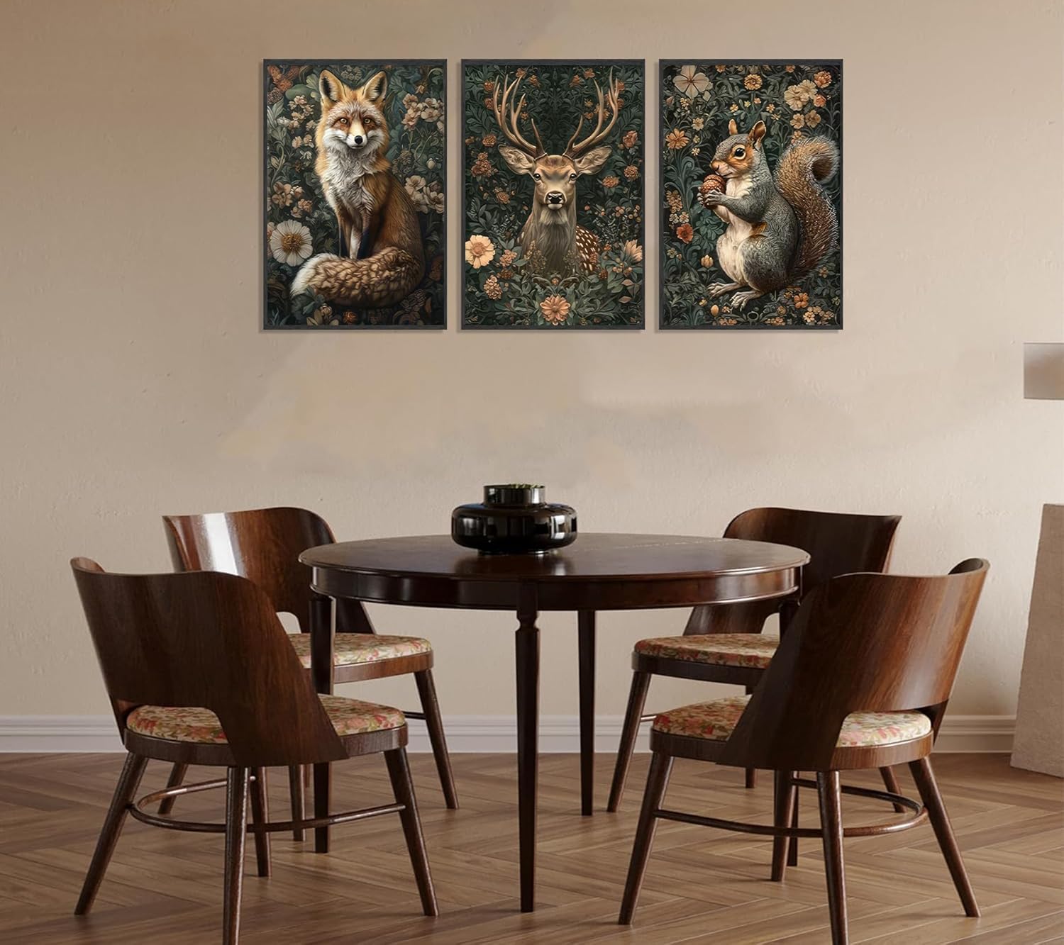 3Pcs Dark Forest Animal Wall Art Vintage Fox Deer Squirrel Painting Picture Wall Decor Victorian Gothic Botanical Flower Poster Print Artwork for Living Room Bedroom Home Decoration Unframed
