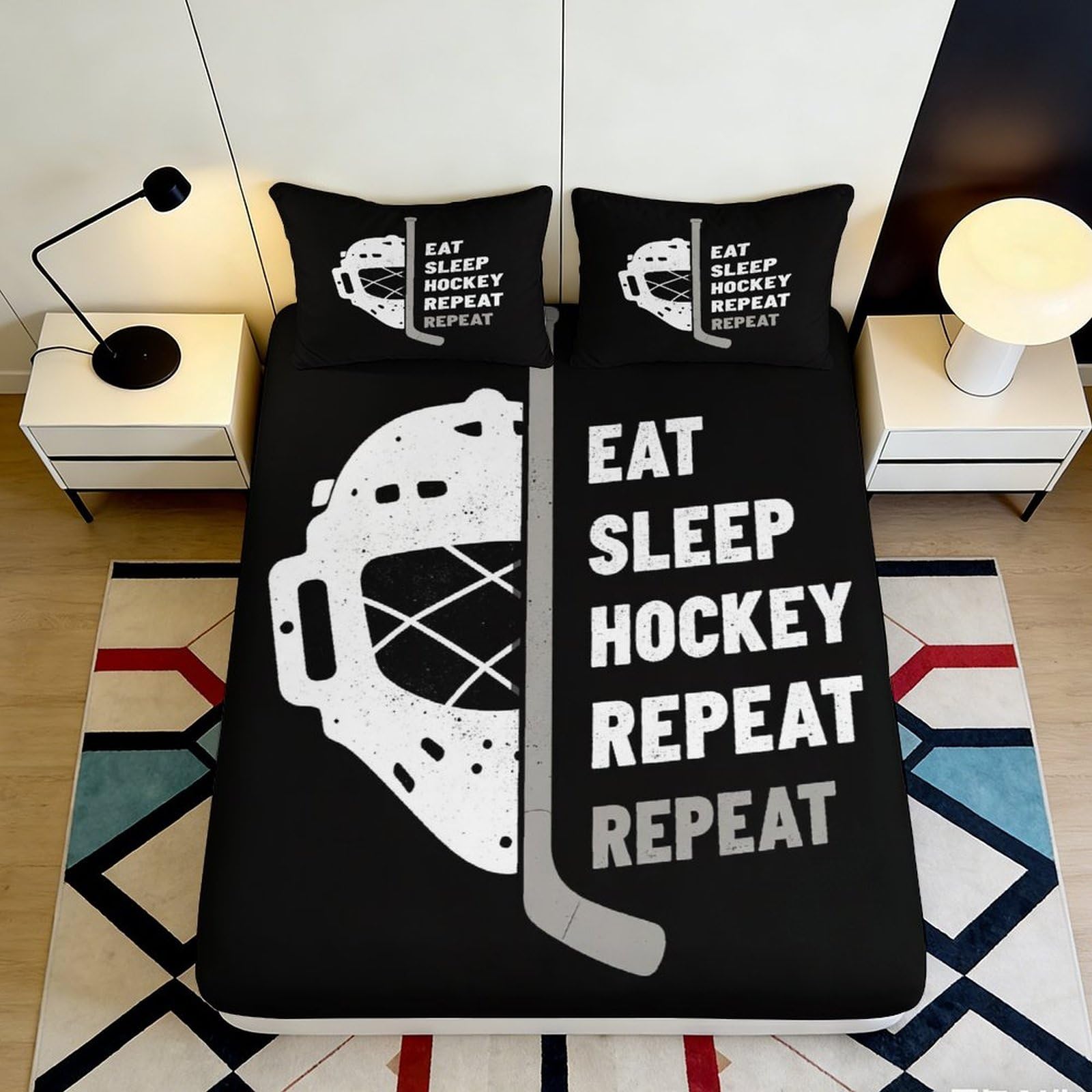 3D Printed Hockey Mask Fitted Sheet Microfiber Black Bed Cover Eat Sleep Hockey Repeat for Bedroom Dorm Easy Care 200x200x25cm