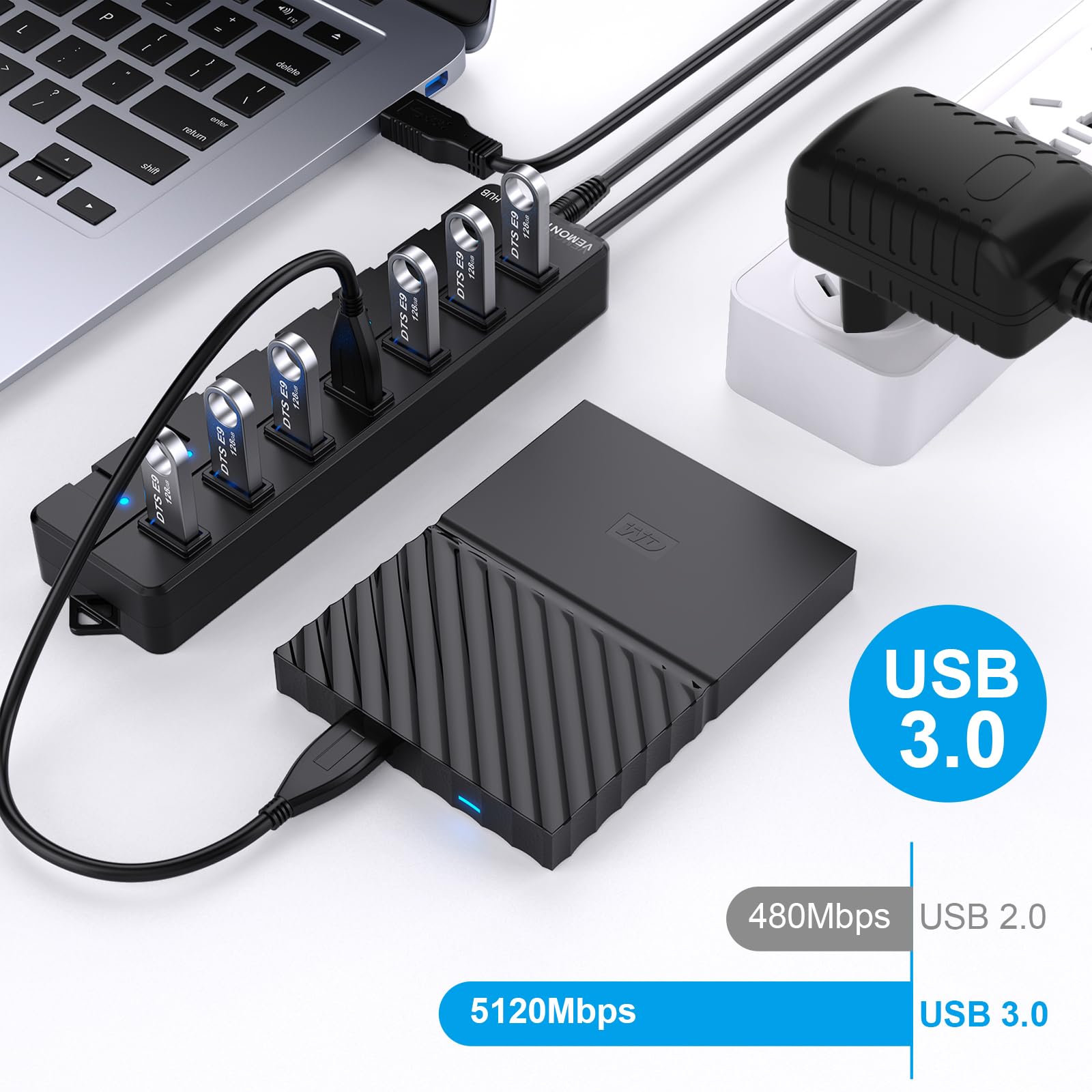 Vemont 7-Port USB 3.0 Hub, Piano chiavi di stile individuale di On/Off con 7 Indicatore LED blu 5V/2A adattatore di alimentazione (Spina europea), 1.2m via cavo per Mac OS, Windows, Linux