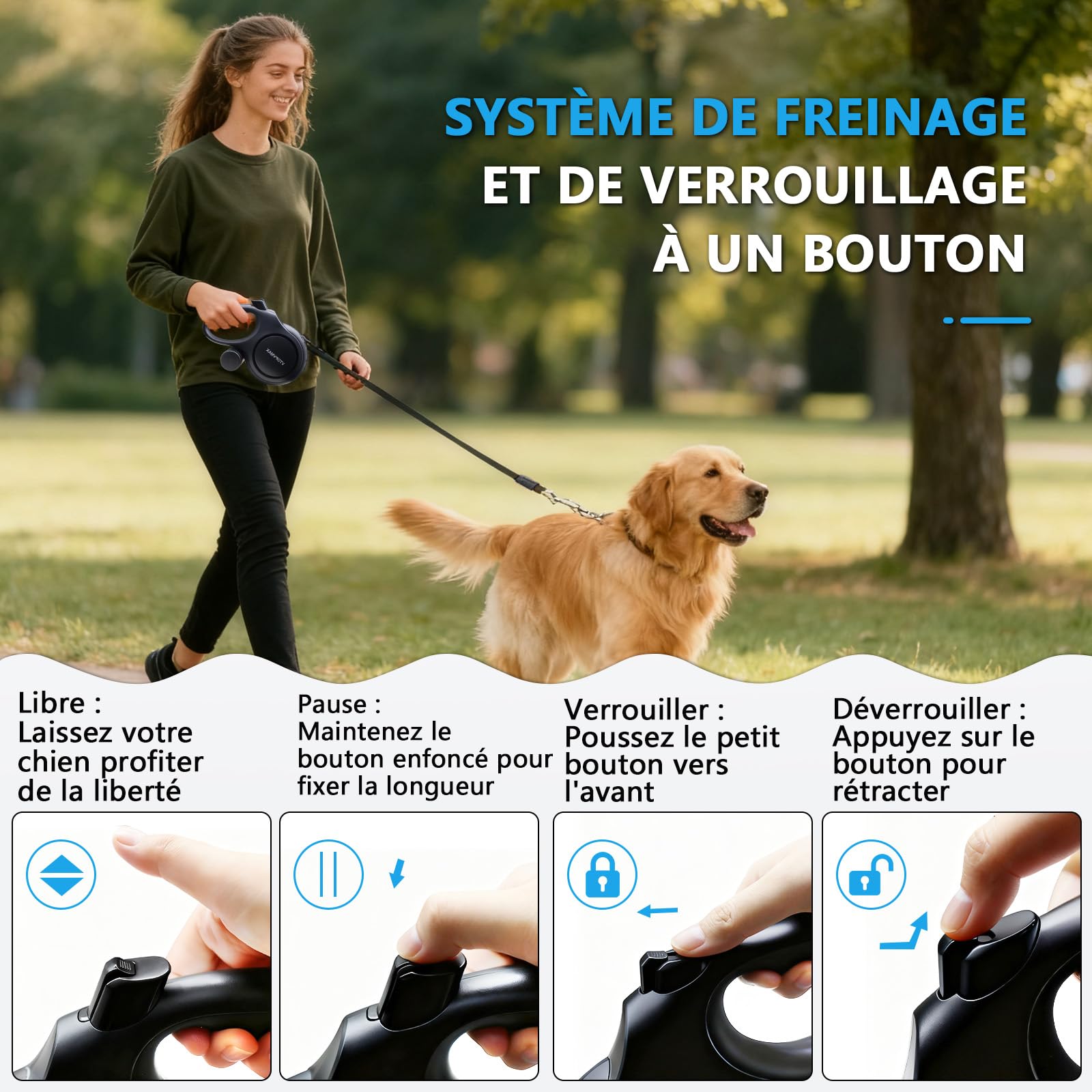 Laisse Chien Enrouleur 8m - pour Chiens de Taille Moyenne/Grande (jusqu'à 50 kg) - Laisse Renforcée avec Câble Anti-Morsure, Distributeur de Sacs à Déjections et Frein à Une Main (Noir)