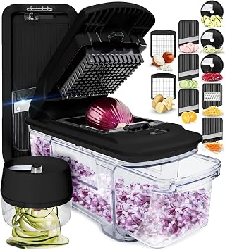 Fullstar Mandoline Slicer for Kitchen - Vegetable Chopper, Onion Potato Food Veggie Fruit Slicer and Cutter with Container, Kitchen Gadgets & Gifts, Home Essentials 6 in 1, Black