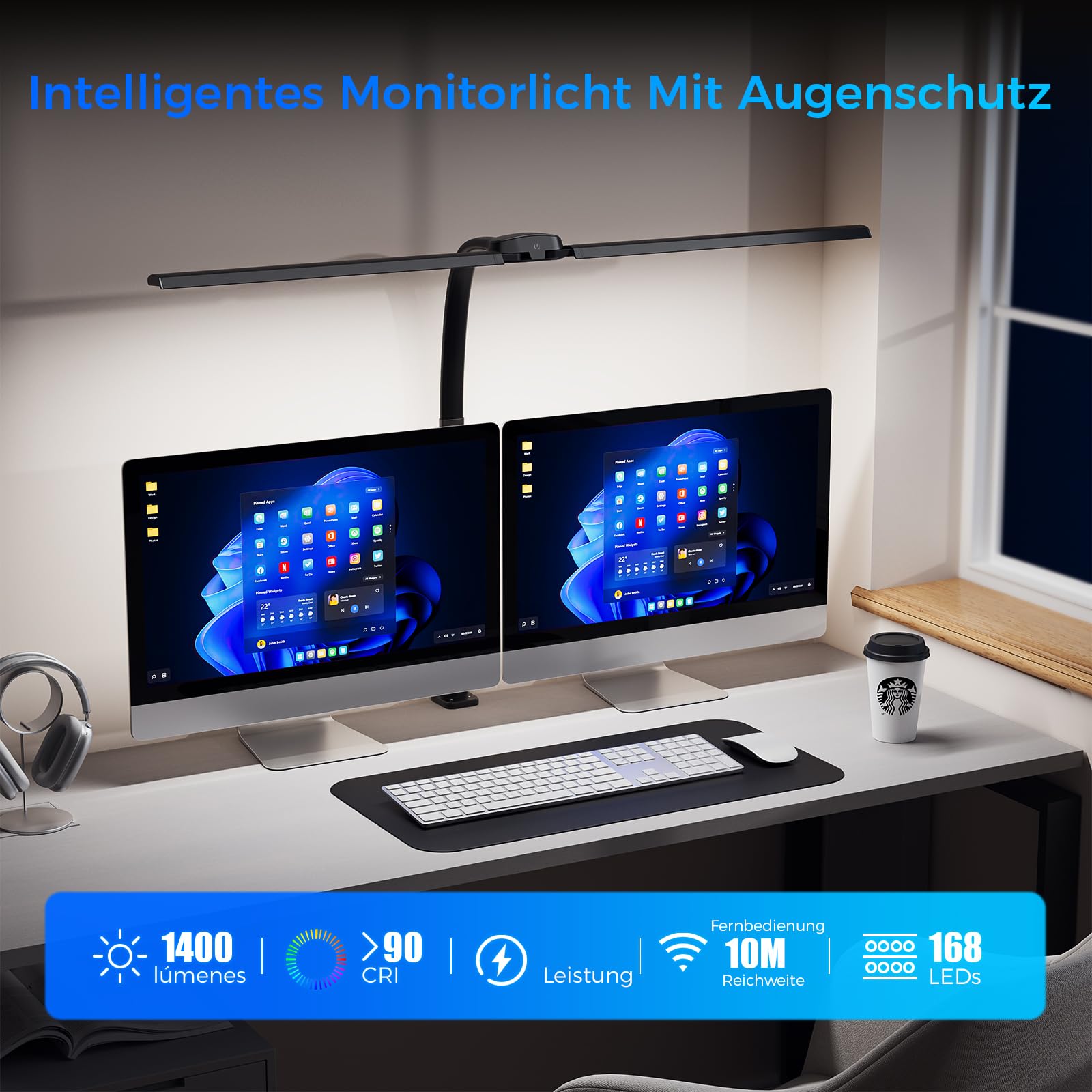 Schreibtischlampe LED Dimmbar - 1400LM 24W Doppelkopf Klemmbar Büroschreibtischlampe mit Fernbedienung, 80CM Schwanenhals Schreibtisch Lampe Tageslichtlampe mit Ladefunktion, Schwarz T01