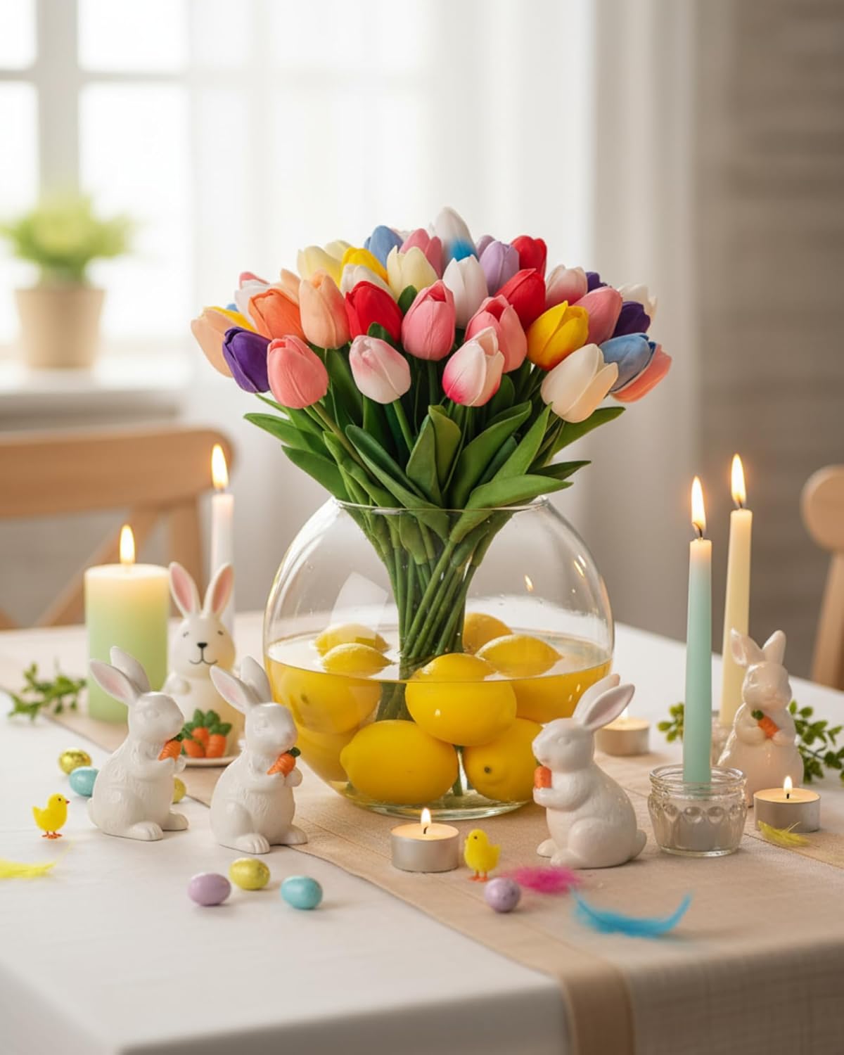 Thiccywoov 72 Pcs Easter Table Centerpiece with 36 Colorful Artificial Multicolor Fake Silk Tulips 36 Artificial Lemons Fake Fruit for Spring Home Centerpiece Decor