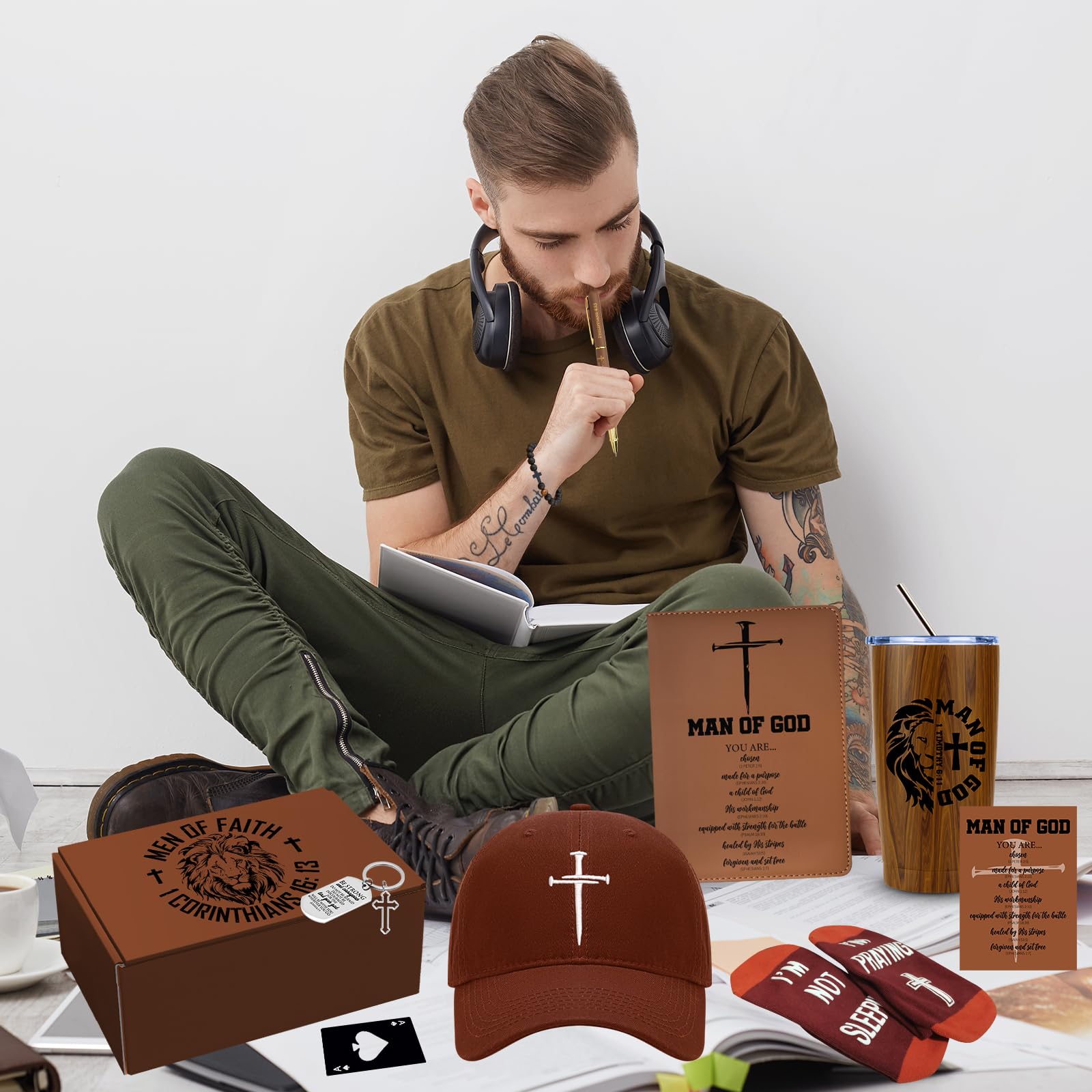 JTAMOHI 10 Pcs Christian Gifts for Men, Inspirational Religious Catholic Faith Spiritual Gift with 20 Oz Tumbler Hat Socks Bible Verses Leather Journal Pen Keychain for Dad, Husband, Grandpa, Friends