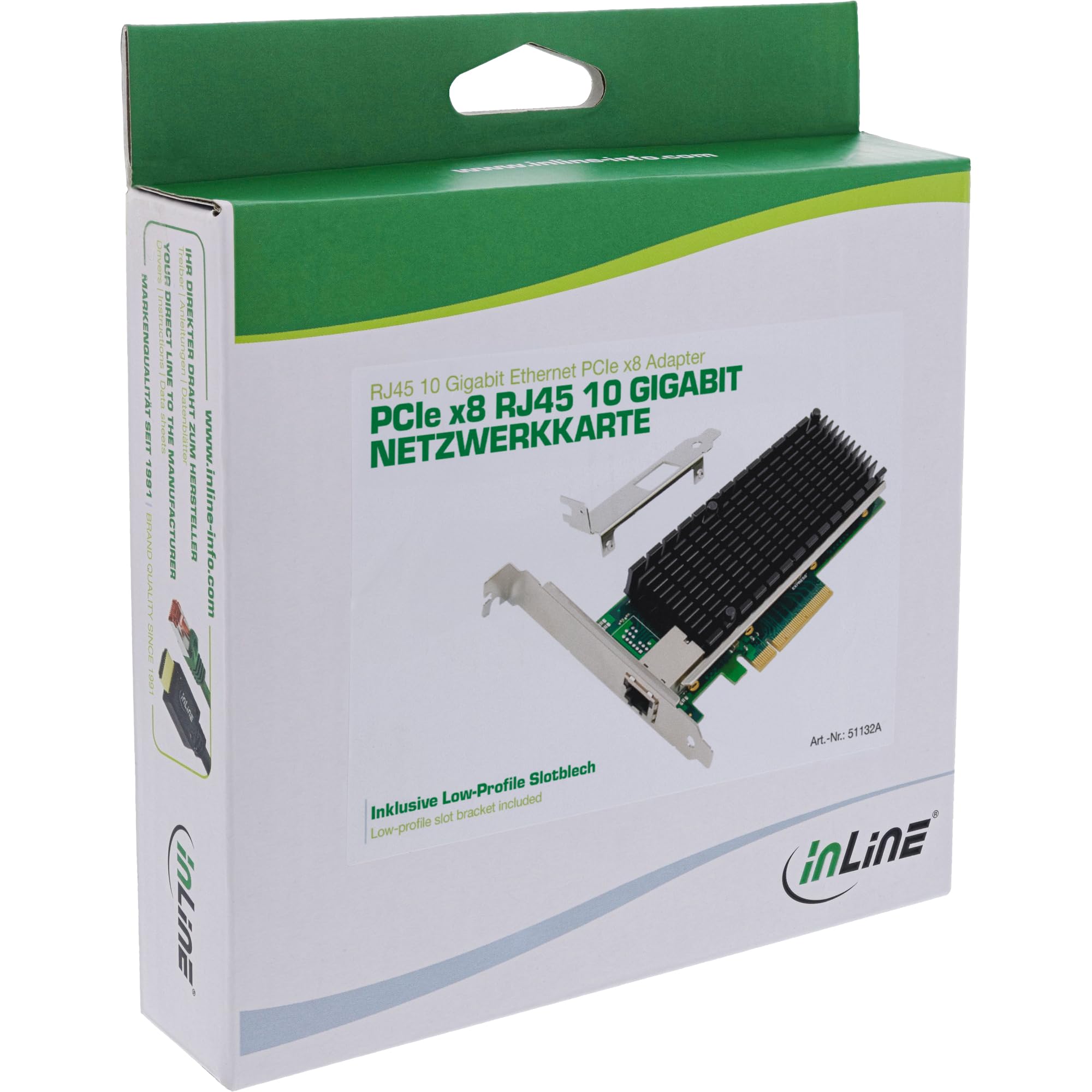 InLine® Scheda di rete da 10 Gigabit, 1 controller LAN RJ45 10 Gb/s, PCIe x8, 10 GBASE-T Ethernet, a partire da Win 7, Server 2008, Linux 2.6, con slot a basso profilo, 51132A