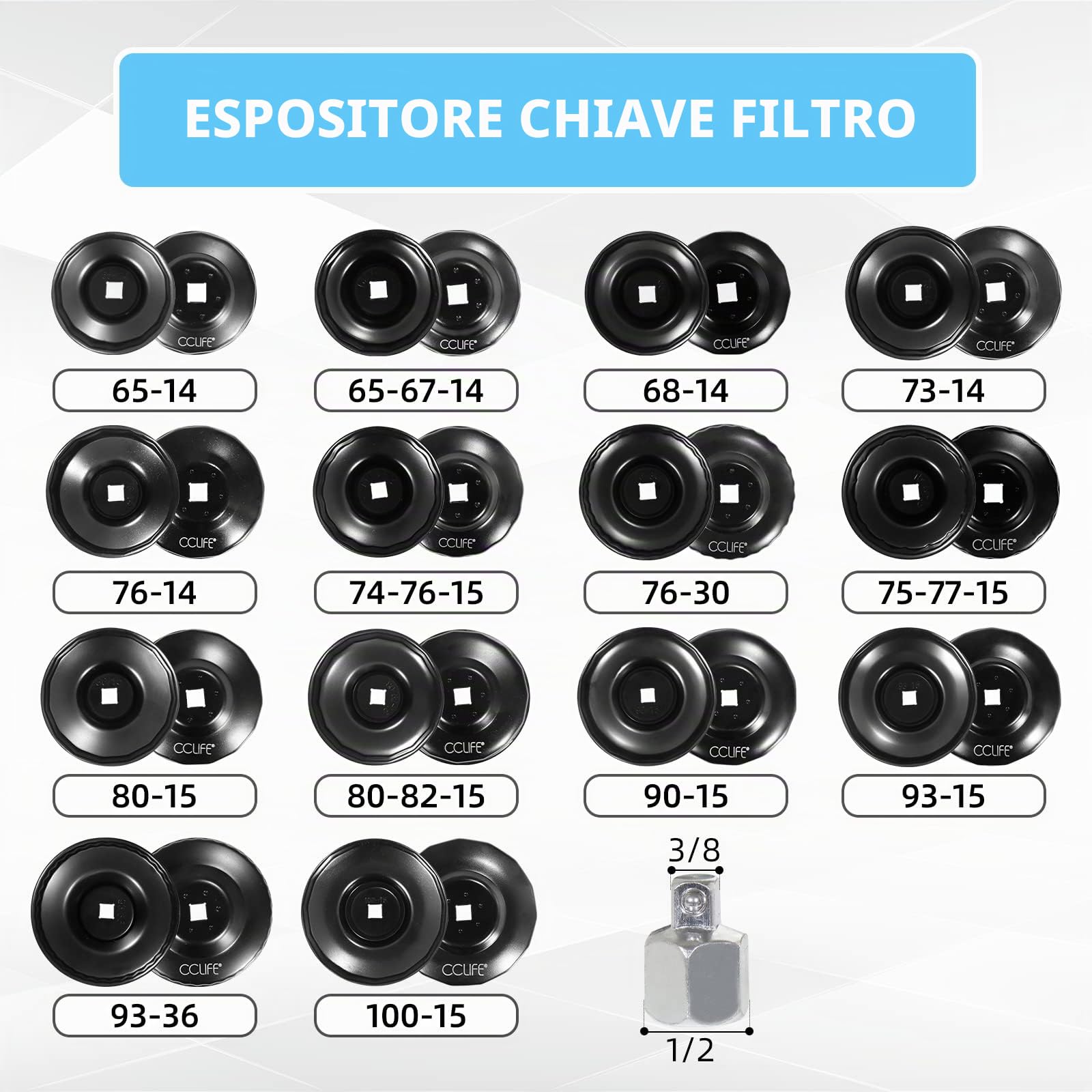 CCLIFE 15 pezzi filtro olio tazza universale 65-100mm Ferro chiavi per filtro olio set in valigetta