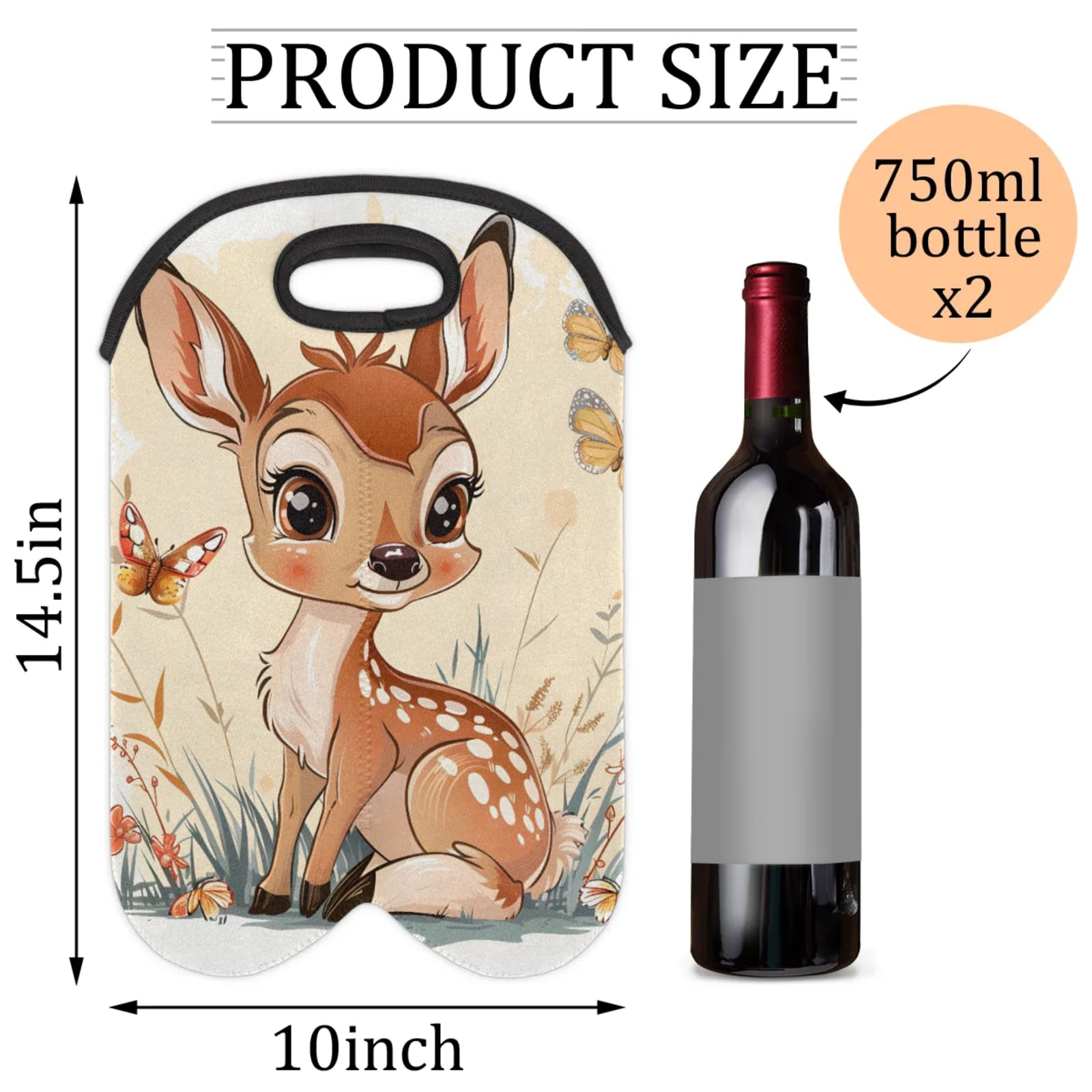 GzLeyigou 2 Bottles Deer Butterfly Wine Bag Sleeve Totes Neoprene Protective Wine Carrier Bag for Wine,Water, Champagne, Beer, Baby Bottles,Gift 14.5 x 10 Inches