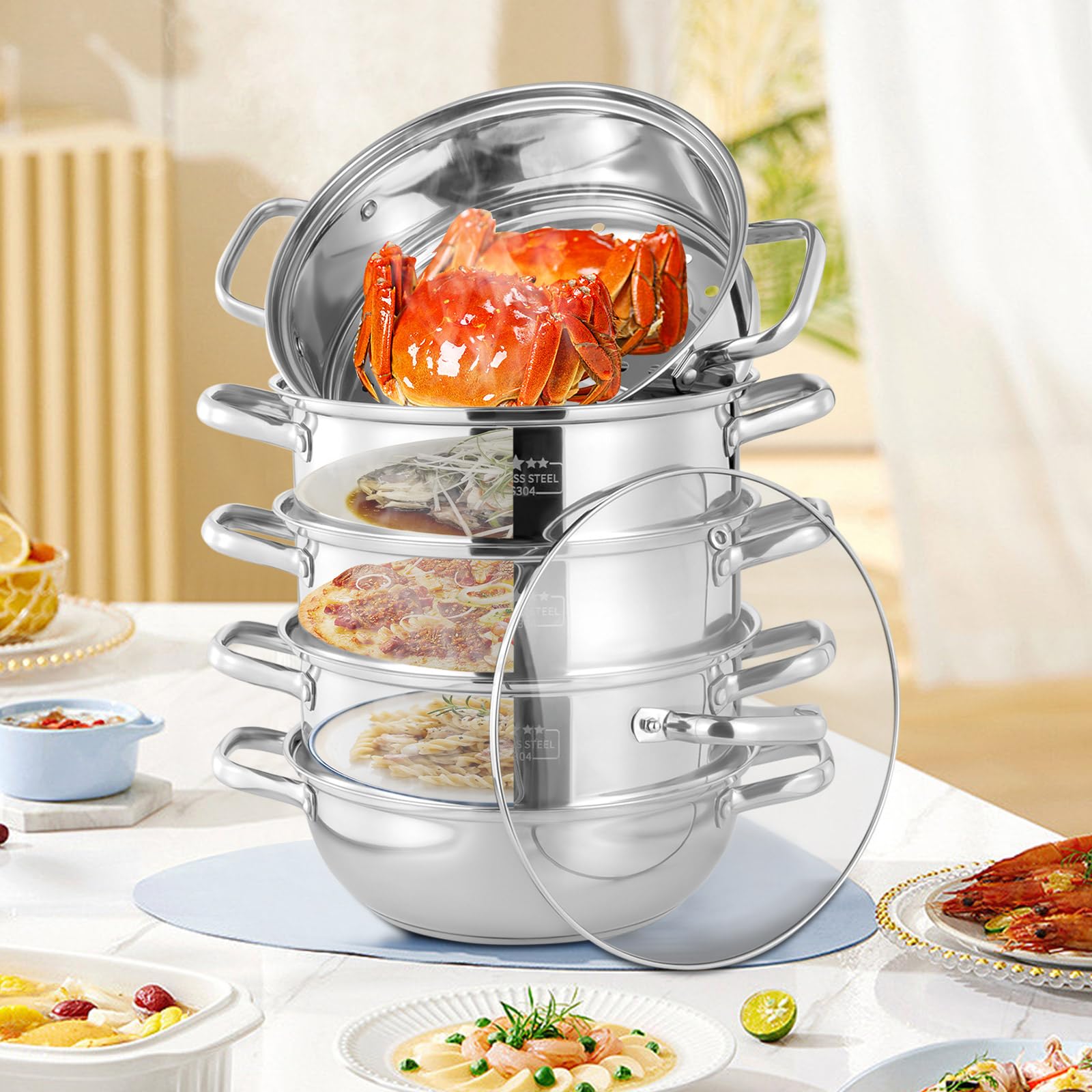 5 Etagen Dampfgarer, Edelstahl Dampfkocher, Dampftopf für Gas, Induktion, Elektro, Keramik (28cm)