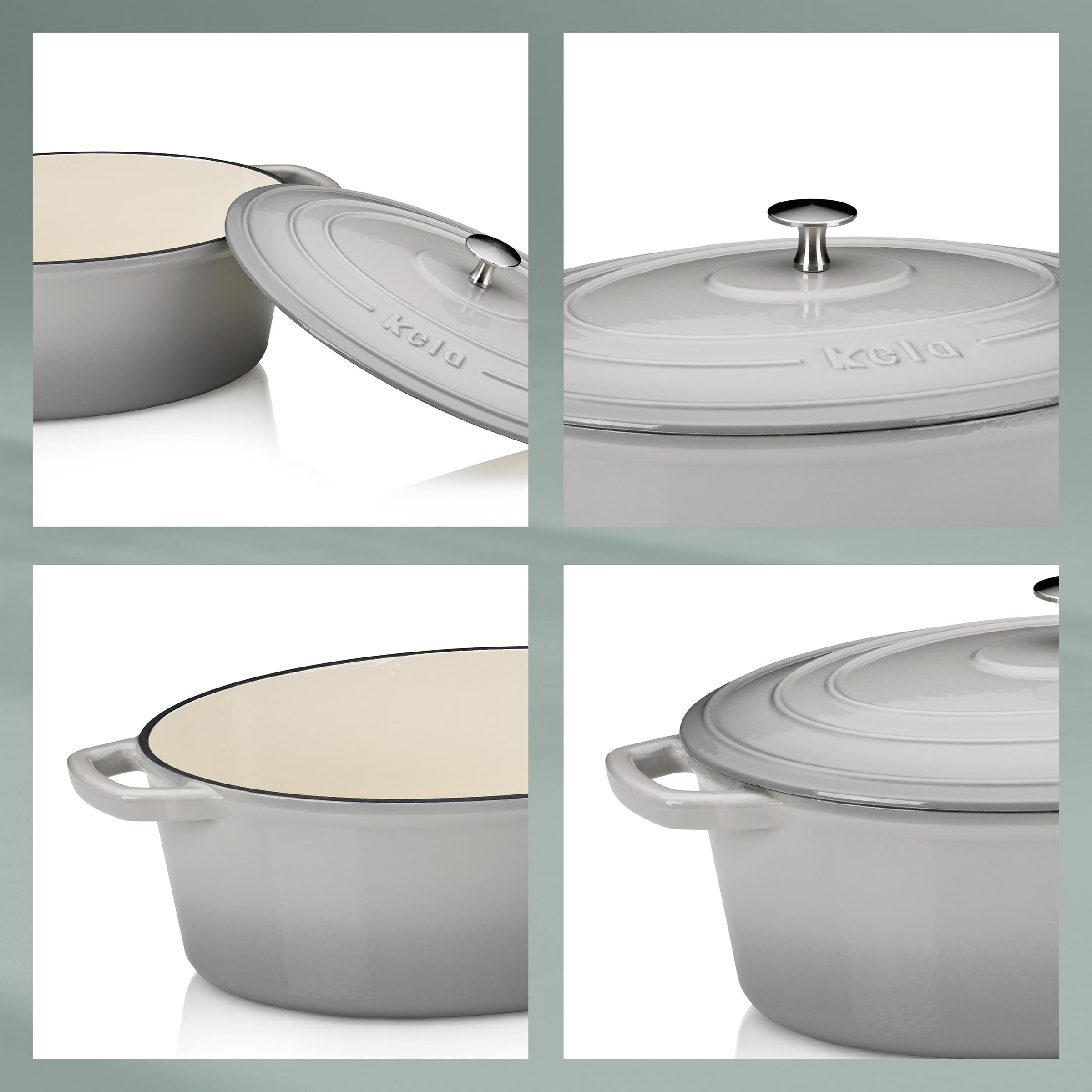 Kela Asador de Hierro Fundido Ovalado 6 Litros, Dutch Oven CALIDO, Asador de Inducción con Tapa, Olla de Hierro Fundido para Hornear Pan, Esmaltada, Gris Claro