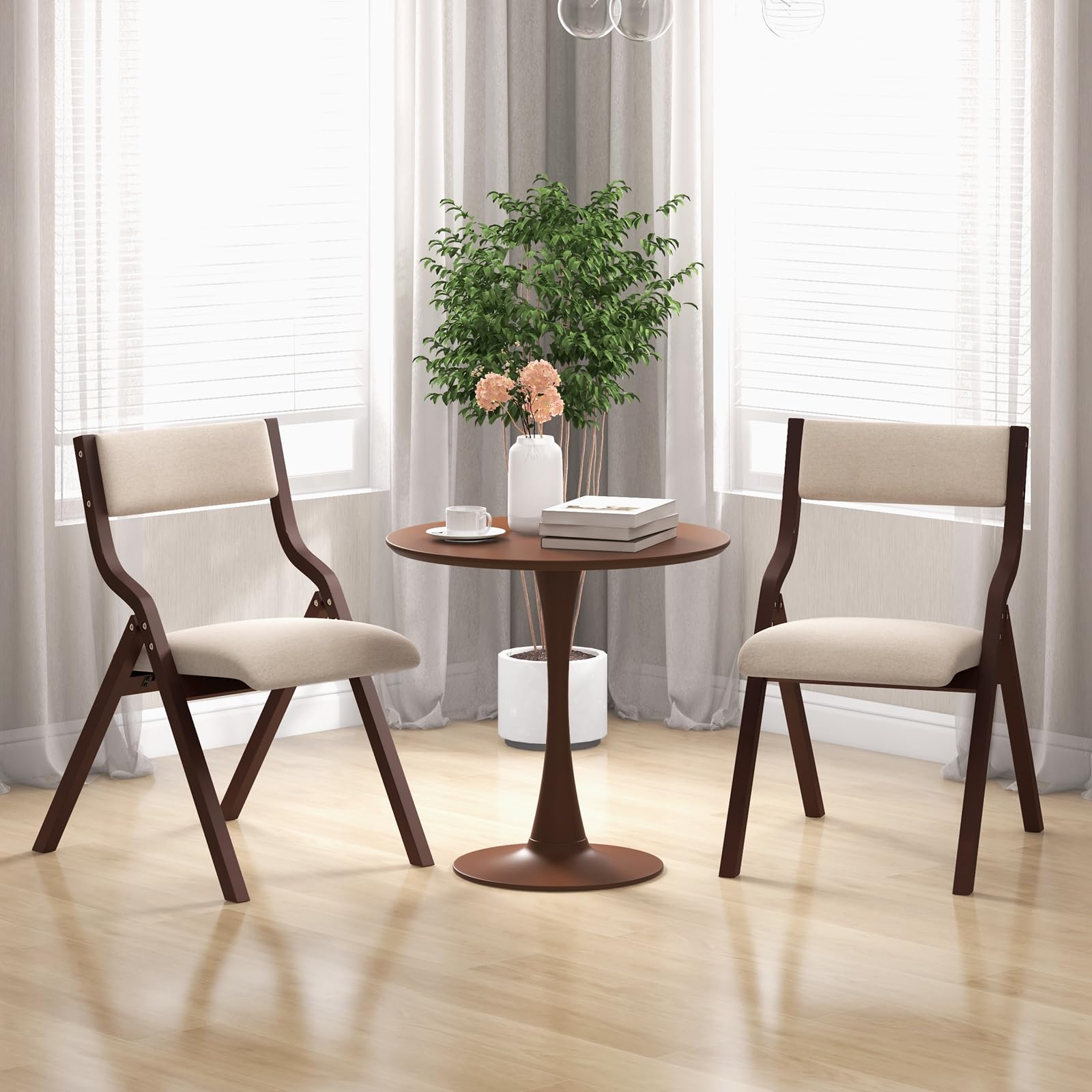RELAX4LIFE Lot de 2 Chaise Pliante Bois, Chaise Pliable Salle a Manger avec Siège Rembourré, Cadre Courbé, Housse en Lin, Peu Encombrante, pour Cuisine, Salle à Manger, Bureau (Noyer,1)