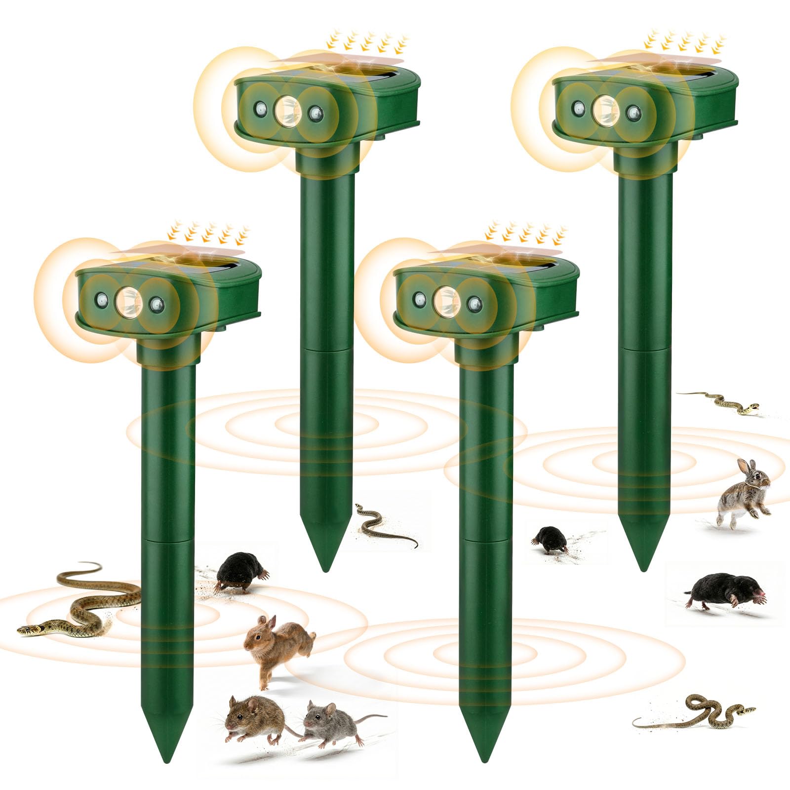 4 Pièces Répulsif Taupes, 20㎡ Nouveau Vibrations Répulsif Solaire pour Martres avec Lumière LED, Imperméable IP45 Effaroucheur Animaux Jardin pour Souris Taupes Lapins Serpents