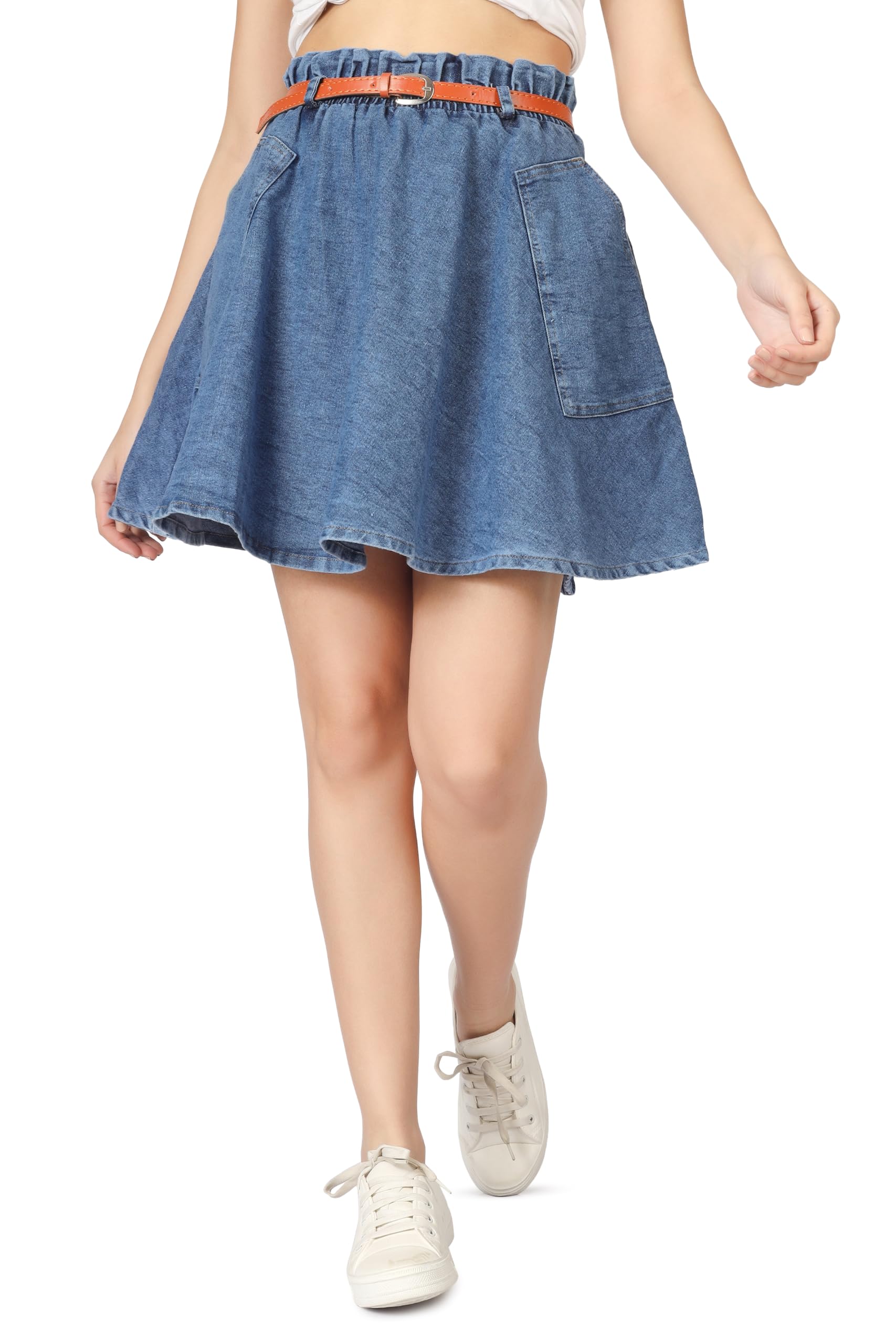 Mini Flared Solid Denim Skirt with Belt for Women & Girls-picture-29
